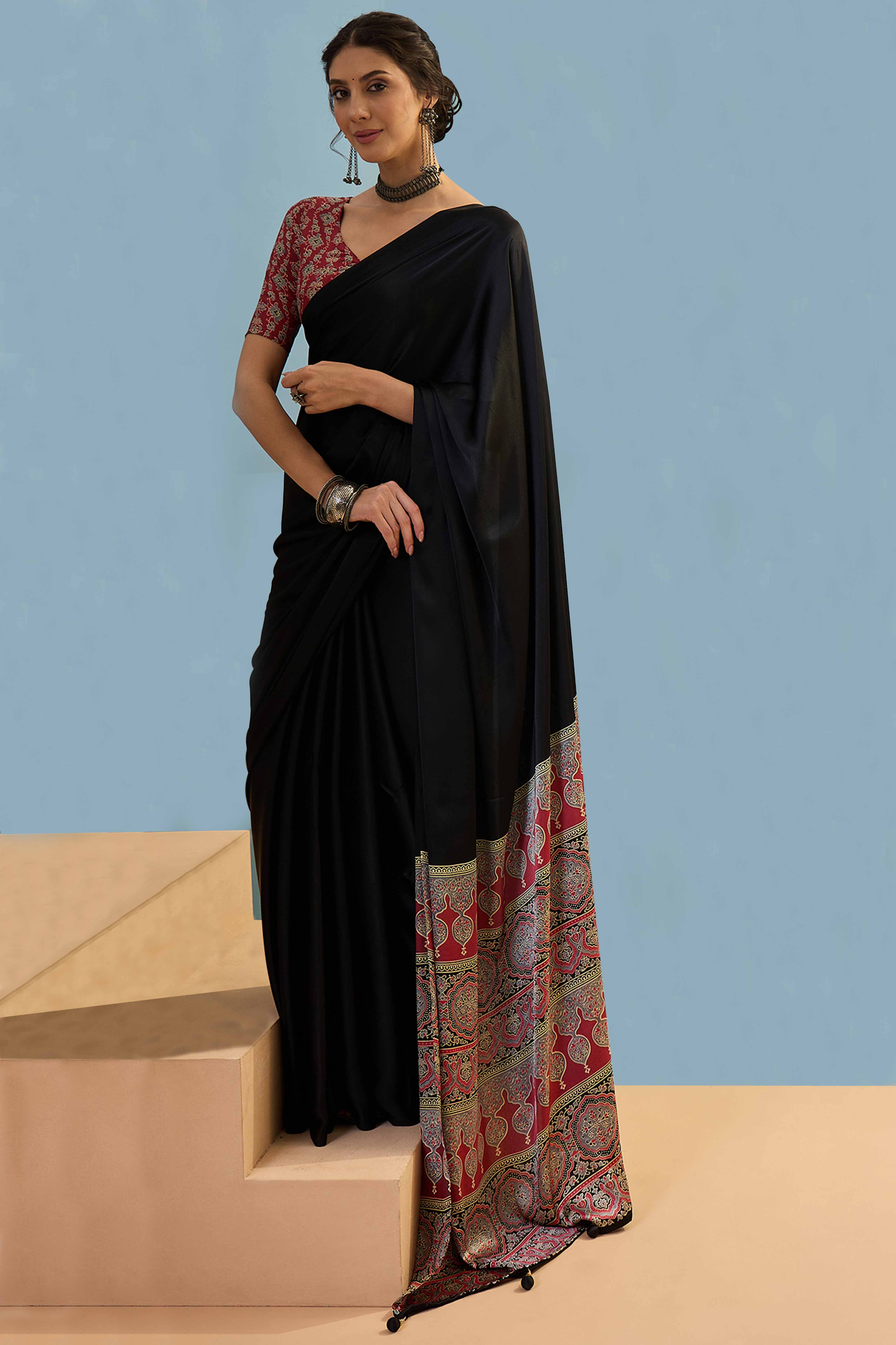 Black Solid Modal Satin Saree Highlighted With Classic Ajrakh Pallu Design