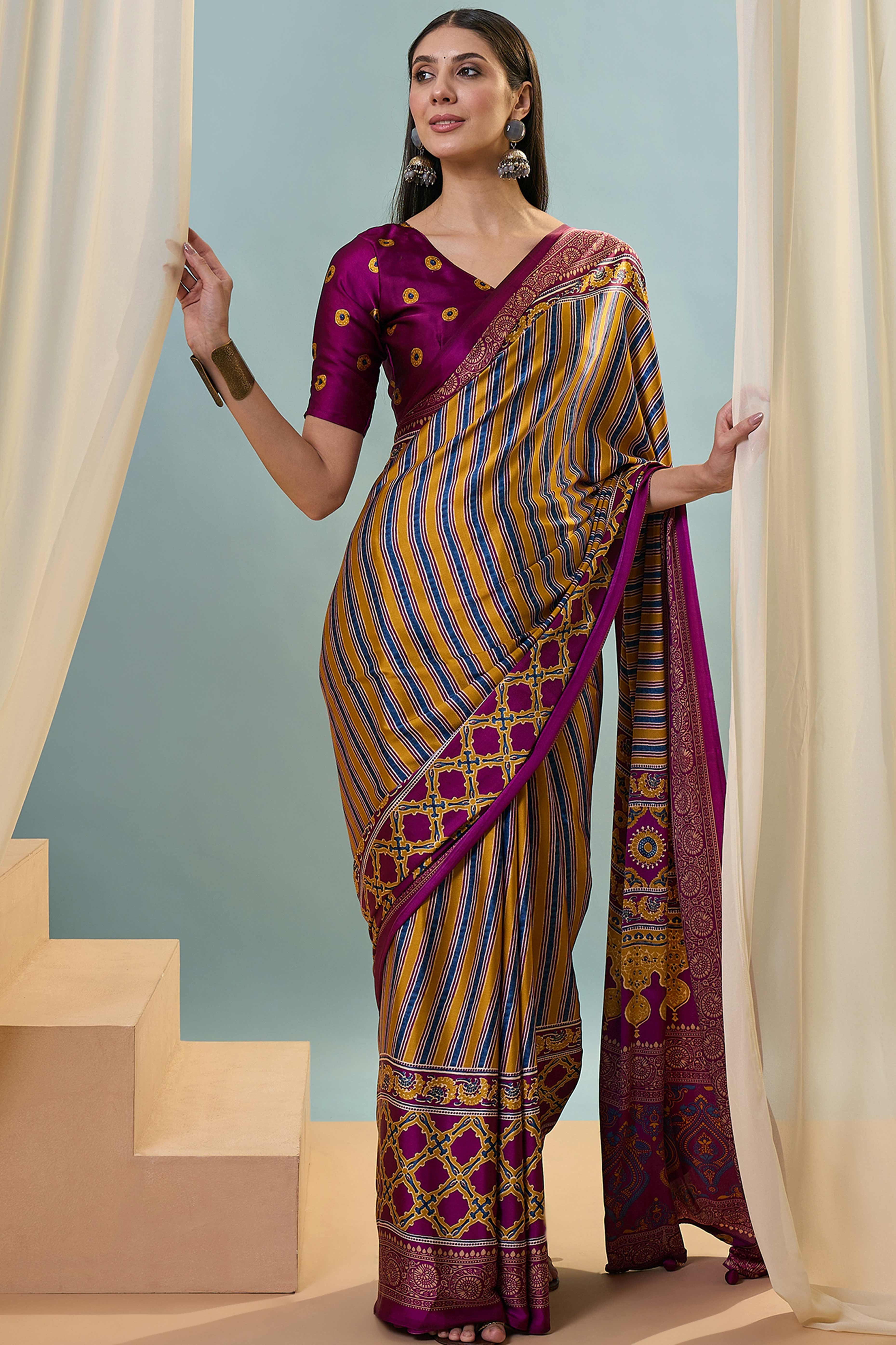Modern Magenta Striped Printed Modal Satin Saree with Luxurious Flow and Shine