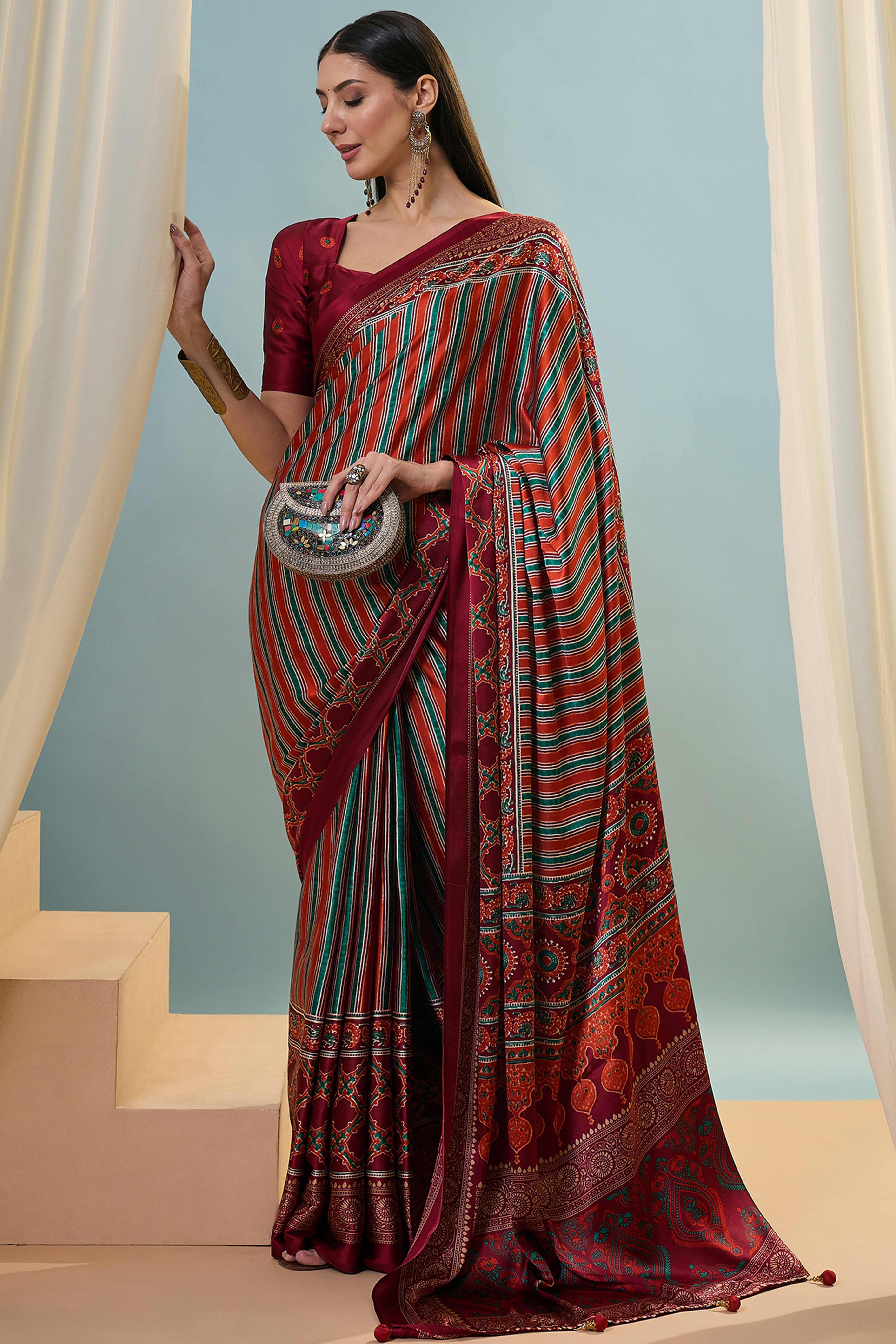 Modern Red Striped Printed Modal Satin Saree with Luxurious Flow and Shine