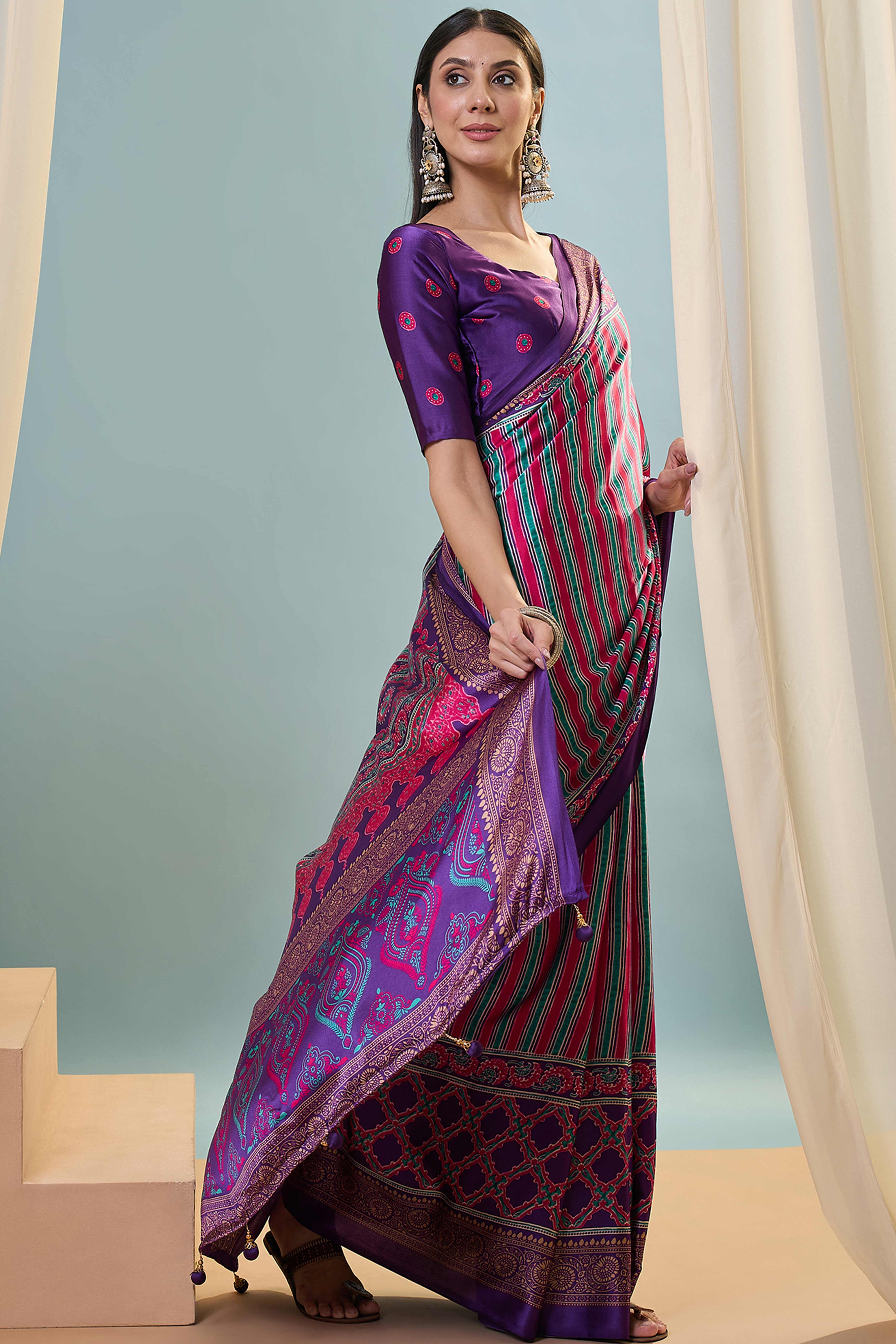 Modern Purple Striped Printed Modal Satin Saree with Luxurious Flow and Shine