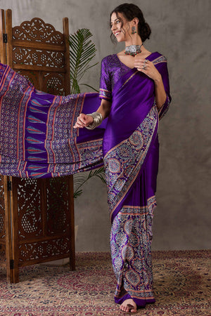 Purple Ajrakh Printed Modal Satin Saree with Rich Party Wear Look