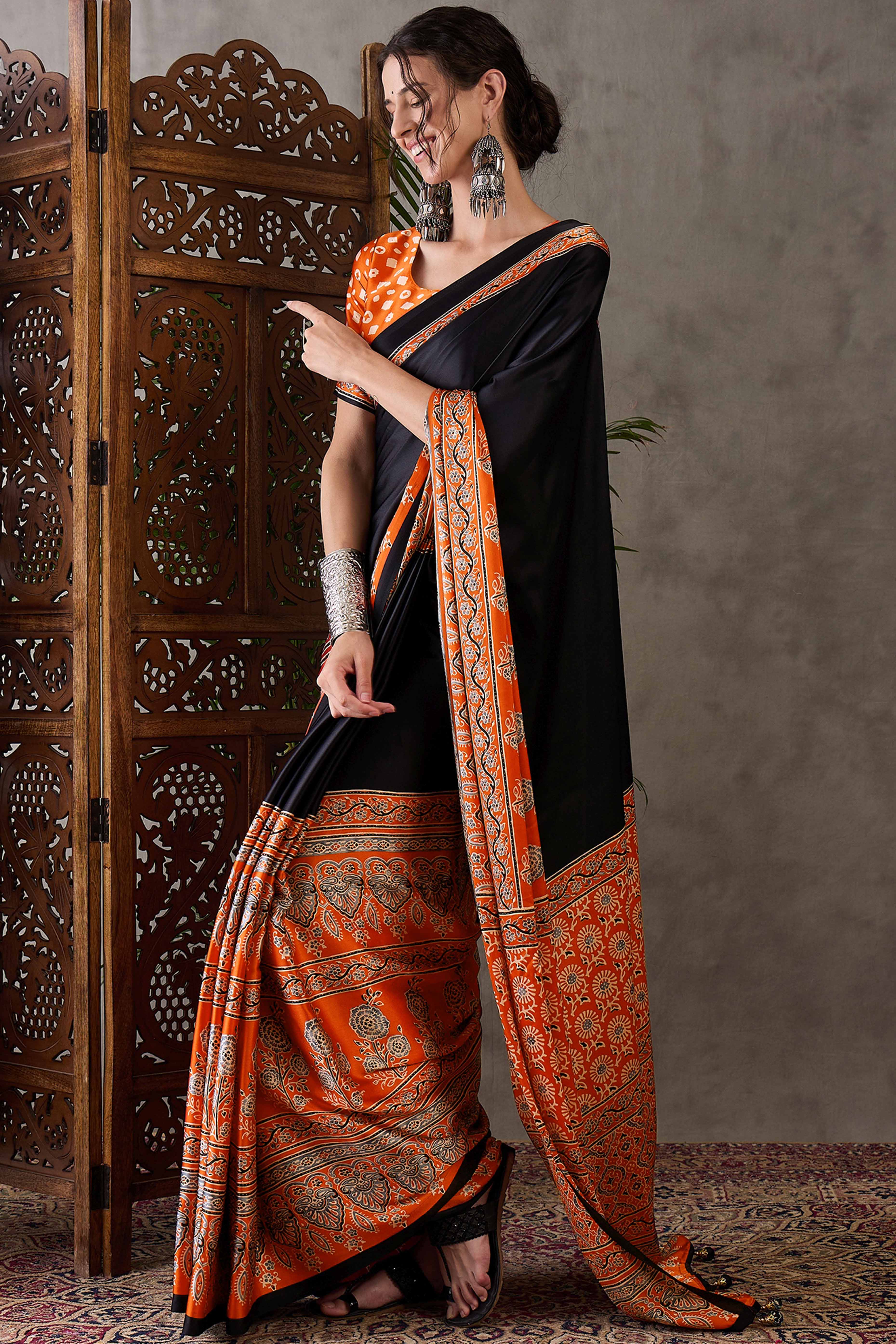 Black & Rust Ajrakh Printed Modal Satin Saree with Elegant Party Wear Appeal