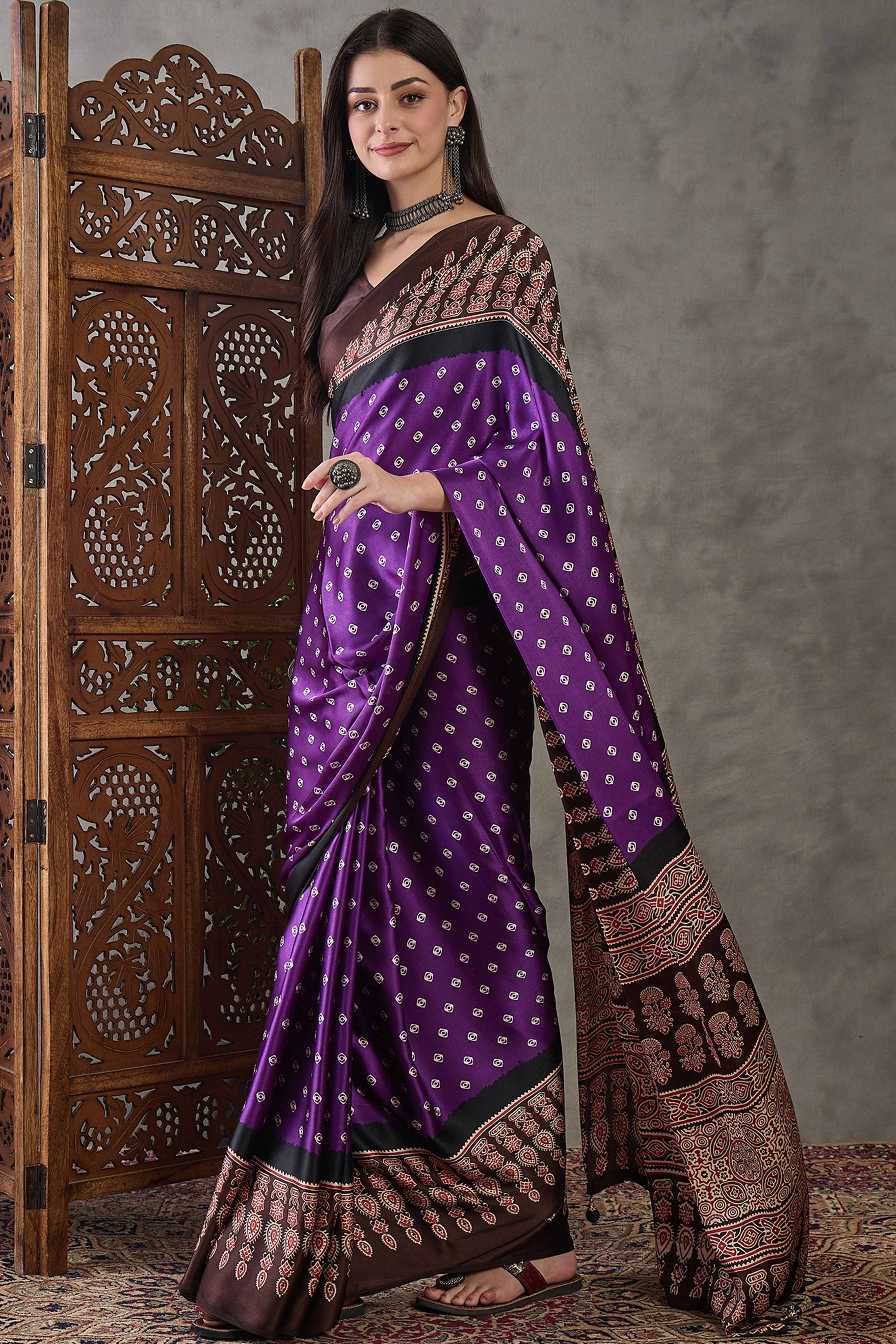 Violet Ajrakh Printed Modal Satin Saree with Traditional Ajrakh Charm