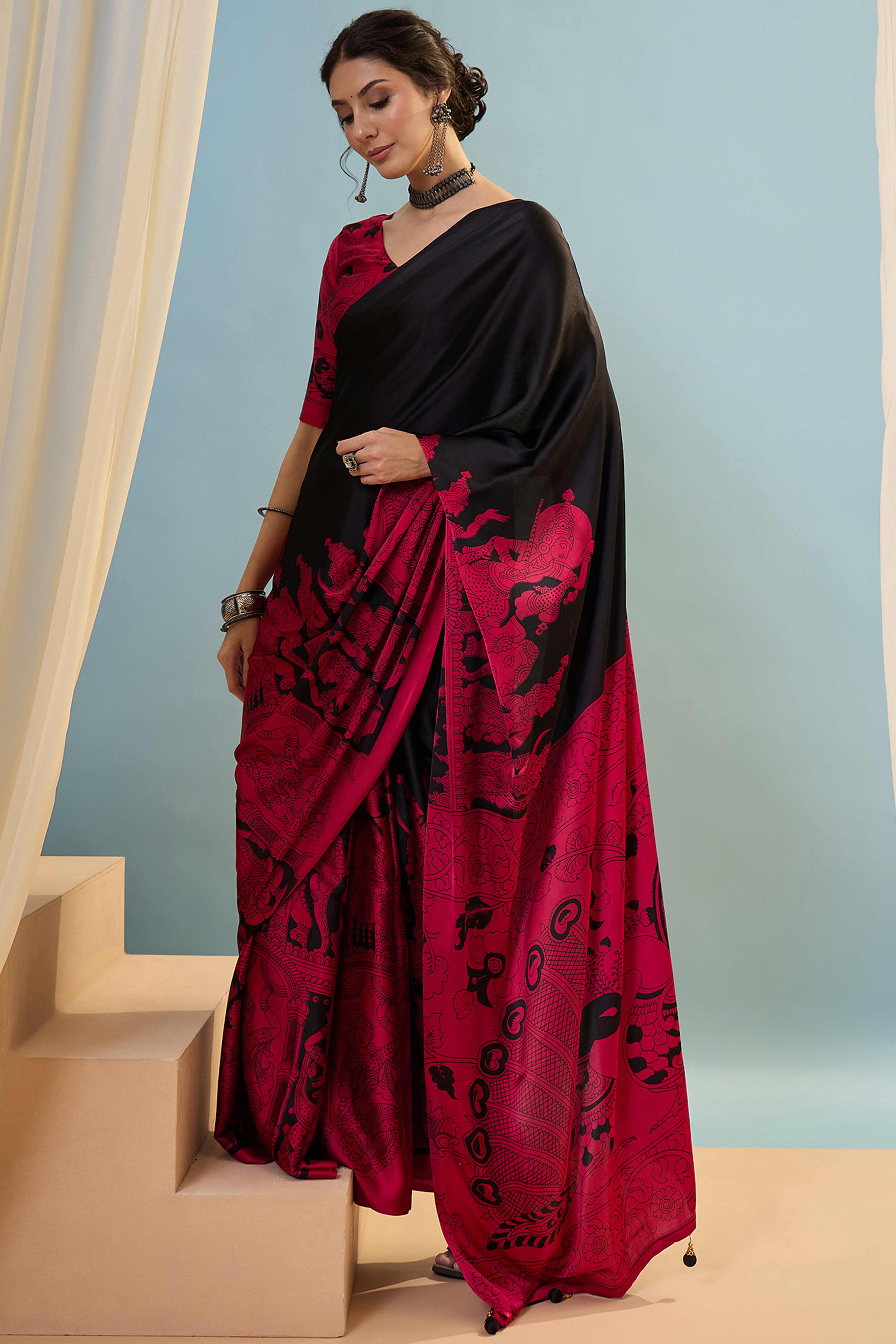 Black & Pink Kalamkari Style Modal Satin Saree Featuring Intricate Artistic Prints