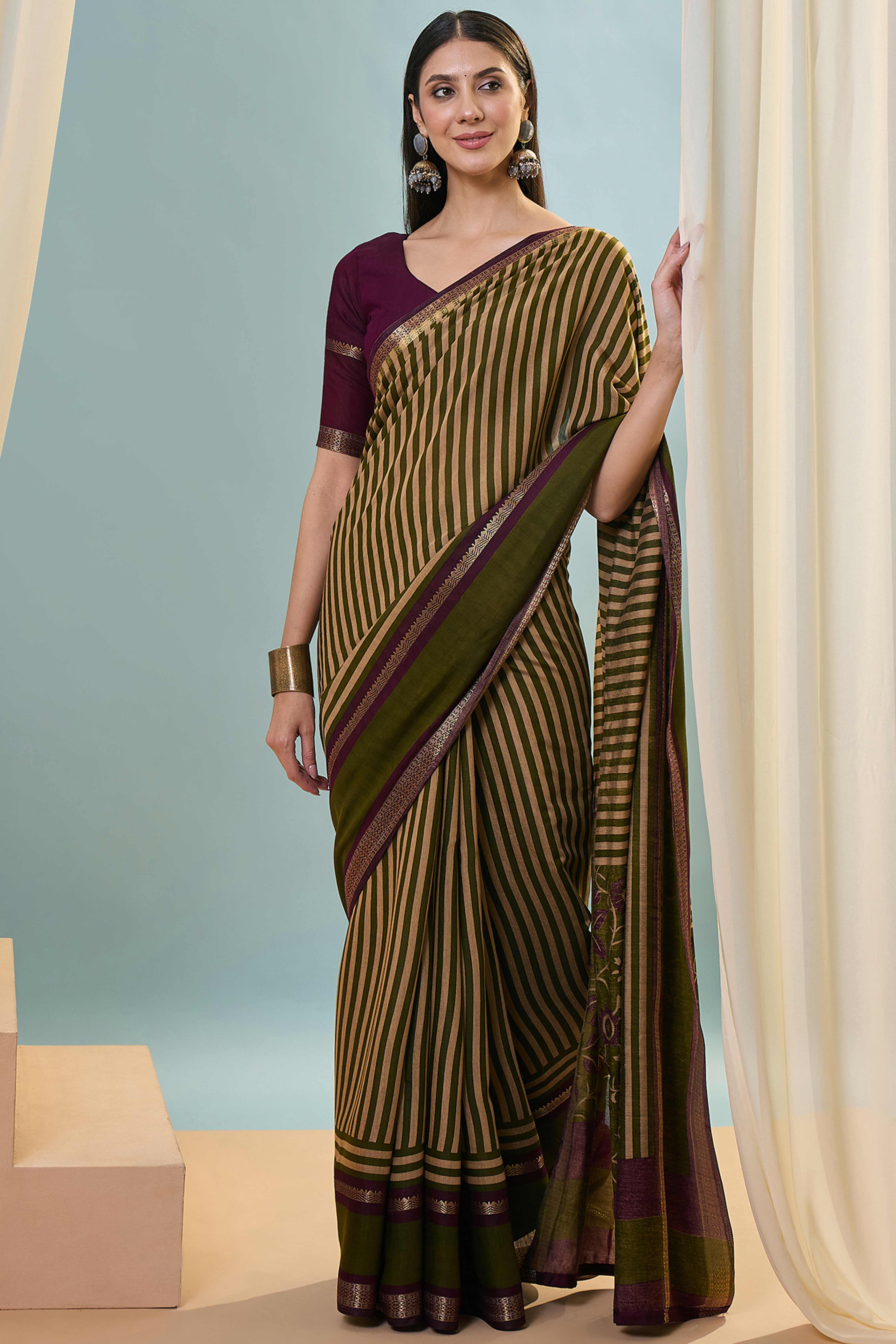 Mehendi Green Striped Printed Viscose Saree with a Subtle Zari Finish