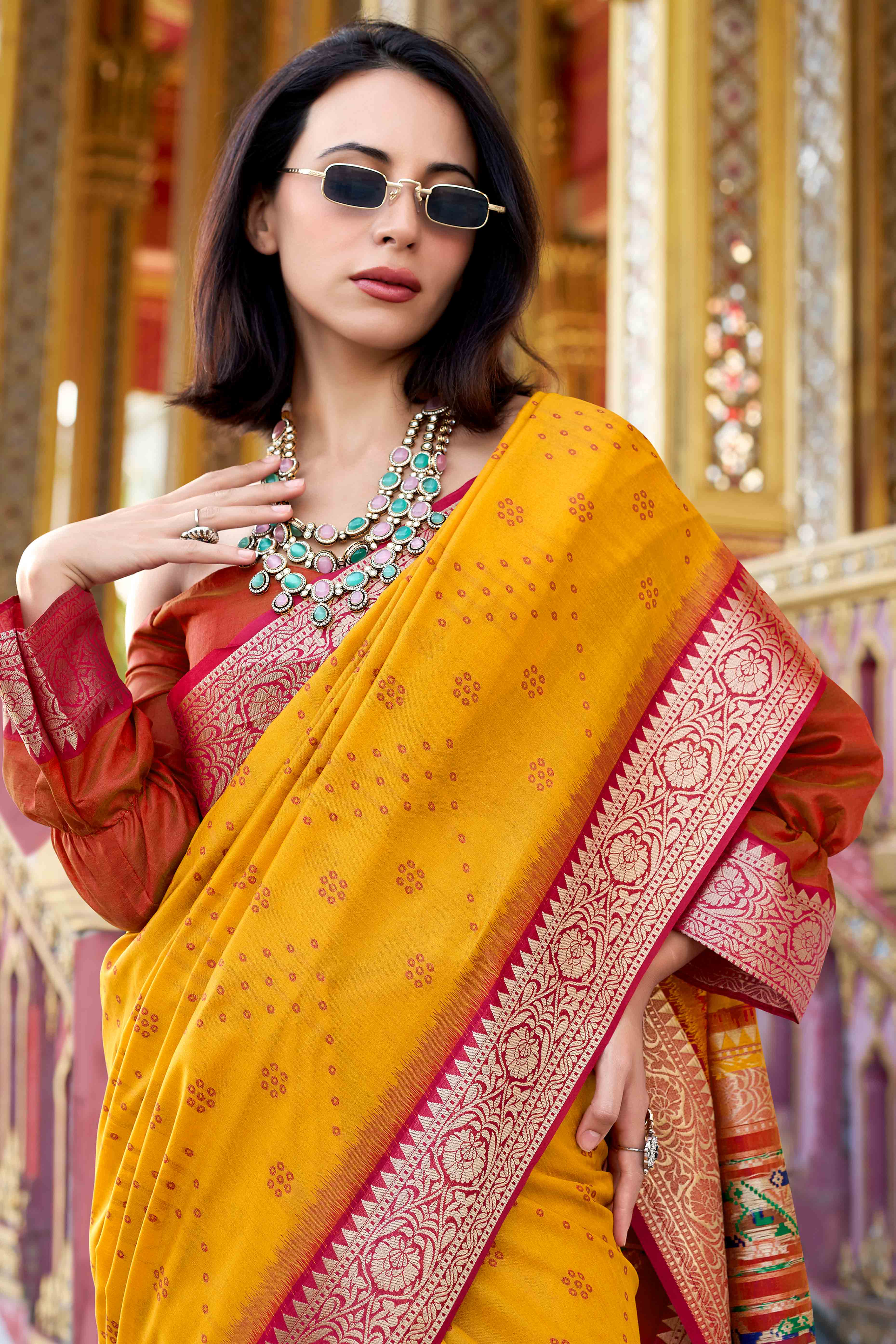 Silk Blend Woven Bandhani Saree In Mustard With Contrasting Patola Pallu