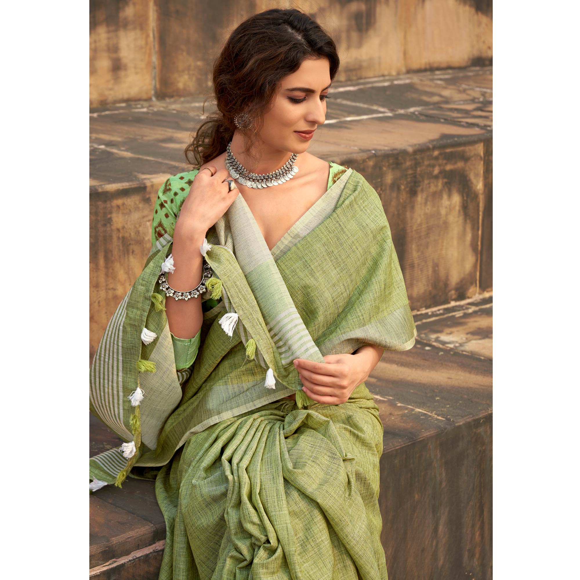 Rama Green Striped Printed Linen Saree With Tassels