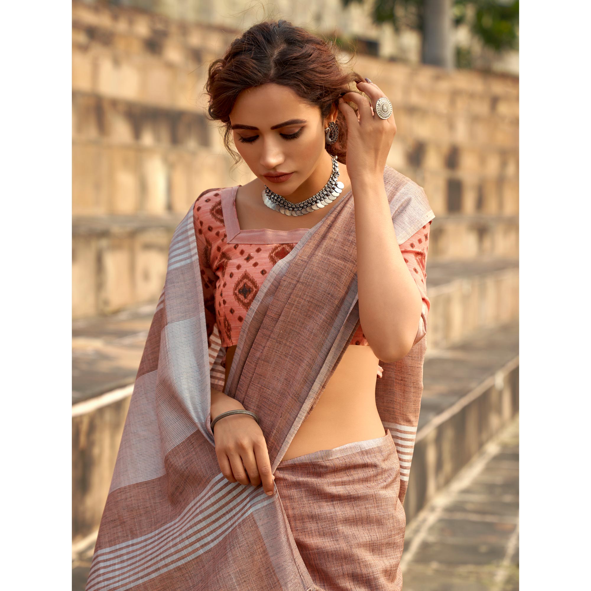 Brown Striped Printed Linen Saree With Tassels