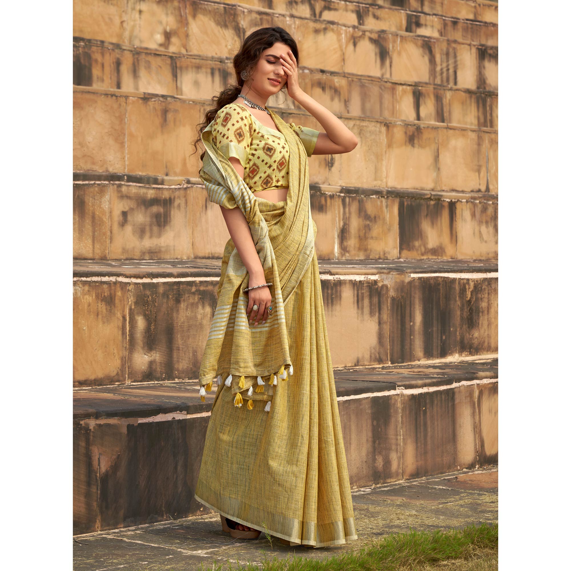 Yellow Striped Printed Linen Saree With Tassels