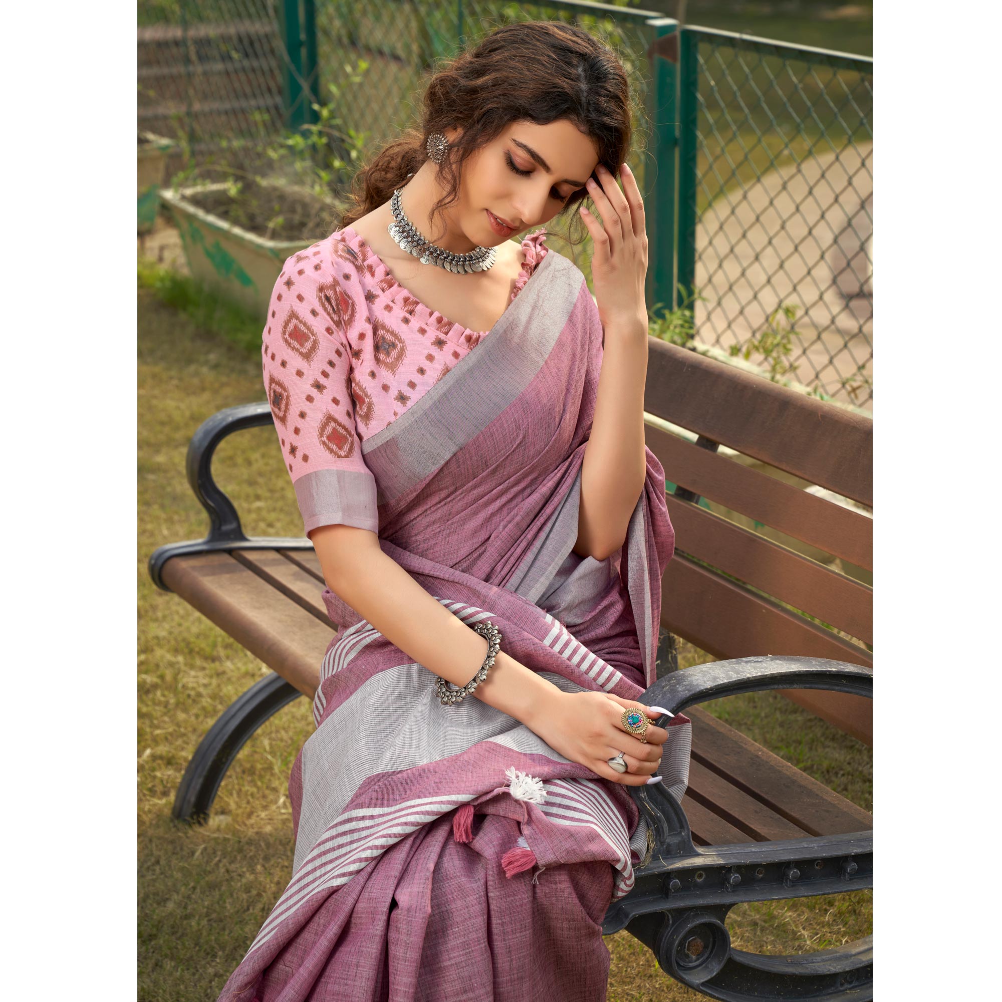 Mauve Striped Printed Linen Saree With Tassels