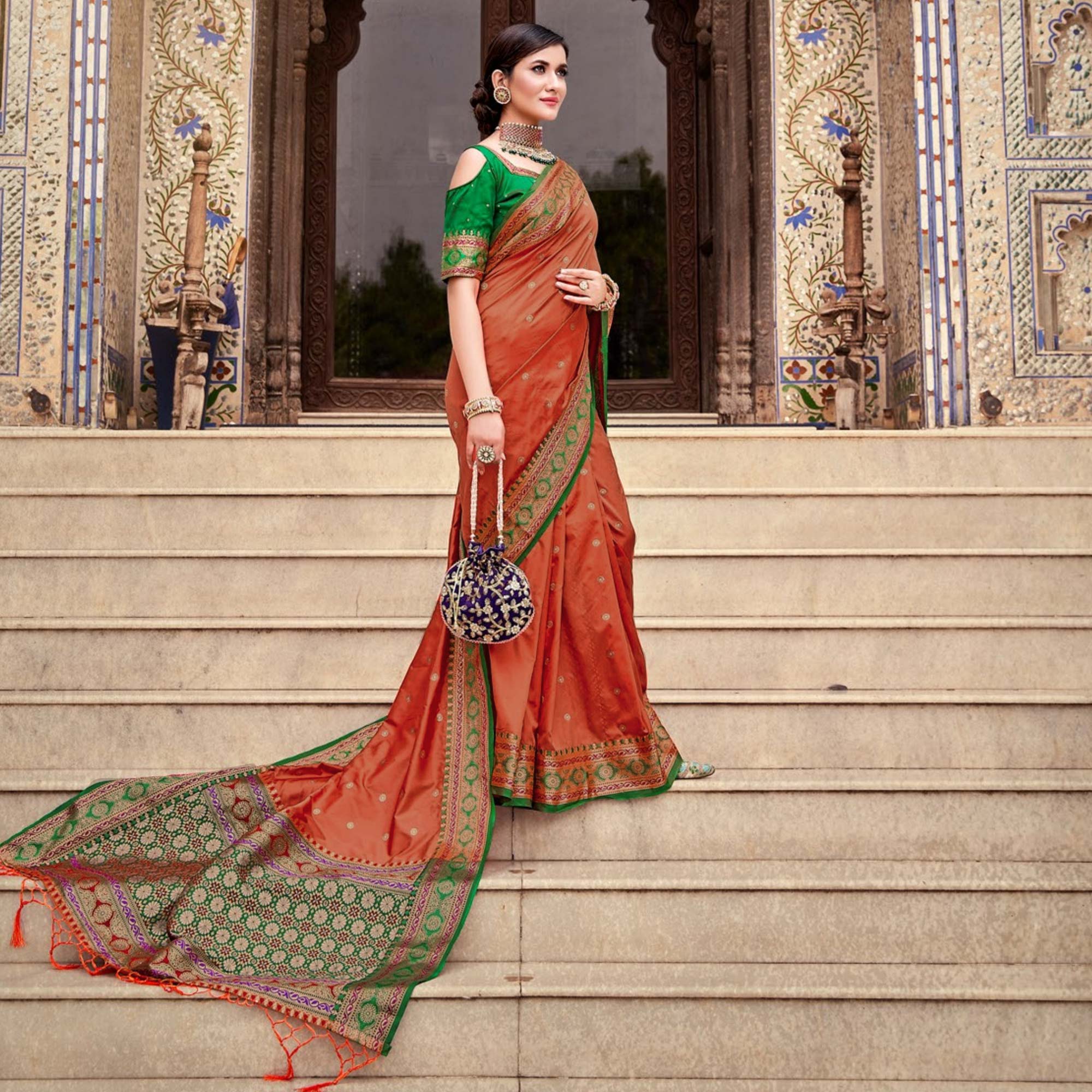 Peach Woven Pure Silk Saree With With Tassels