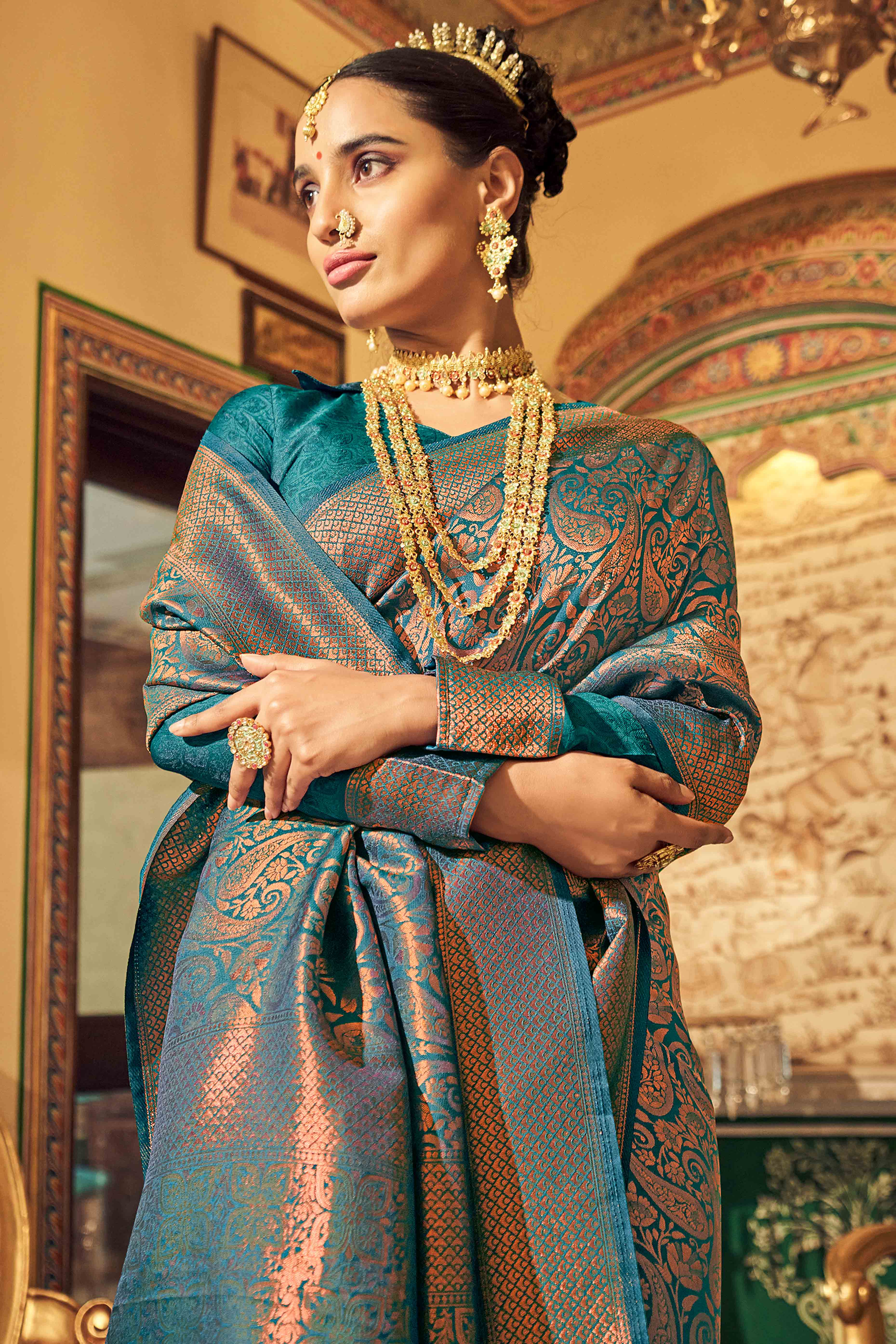 Morpich Green Floral Zari Woven Kanjivaram SIlk Saree