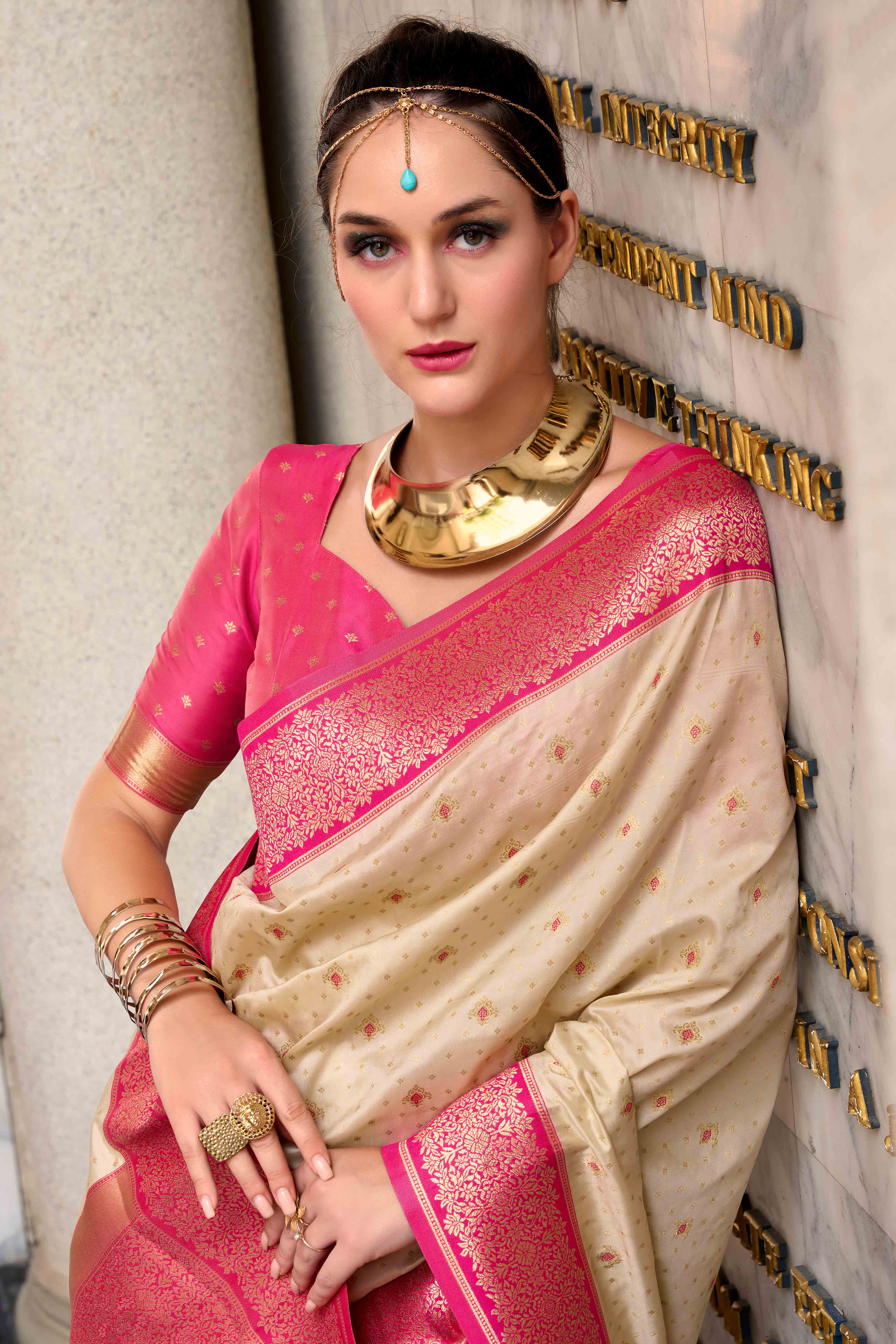 Beige Floral Woven Pure Silk Saree