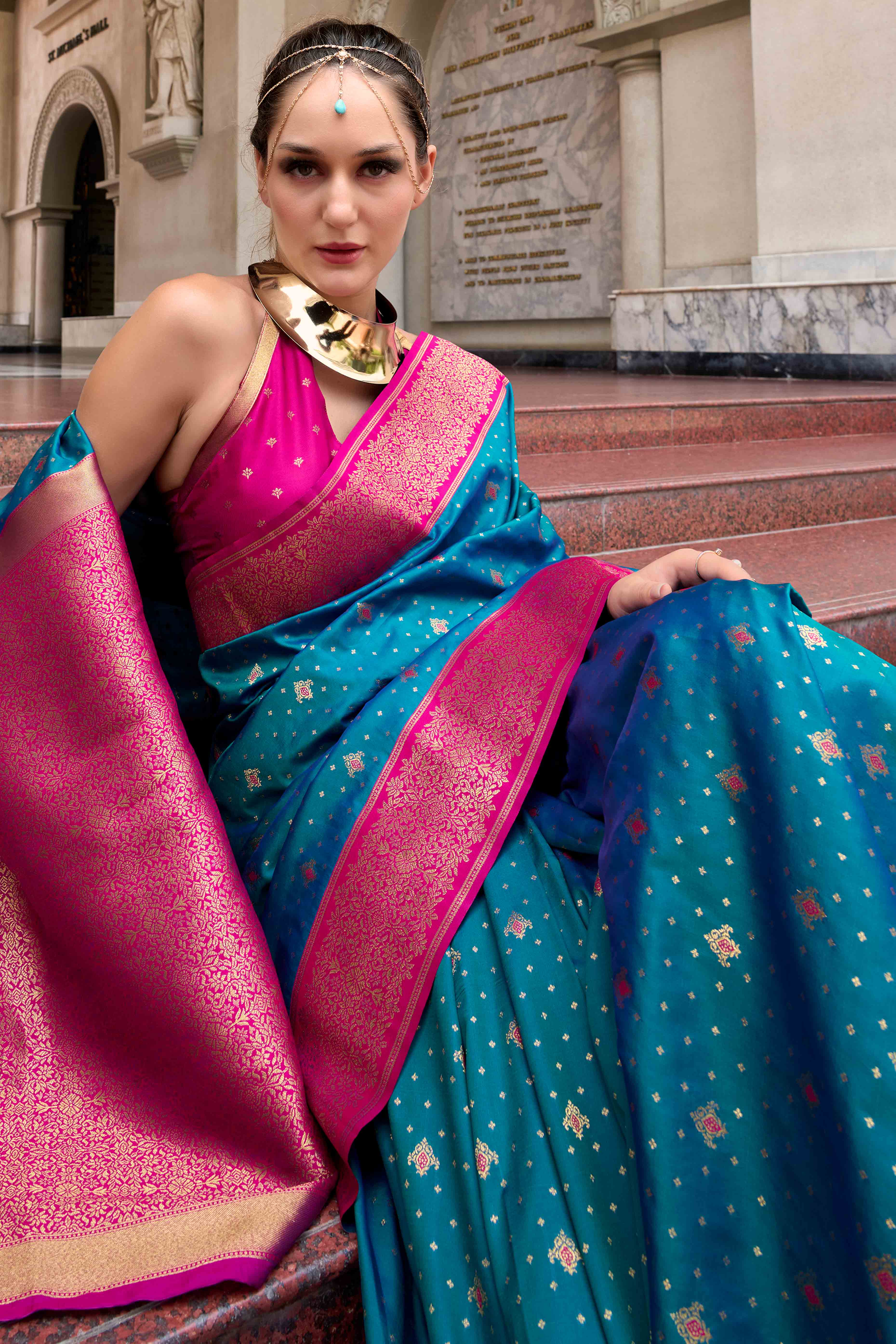 Morpich Blue Floral Woven Pure Silk Saree
