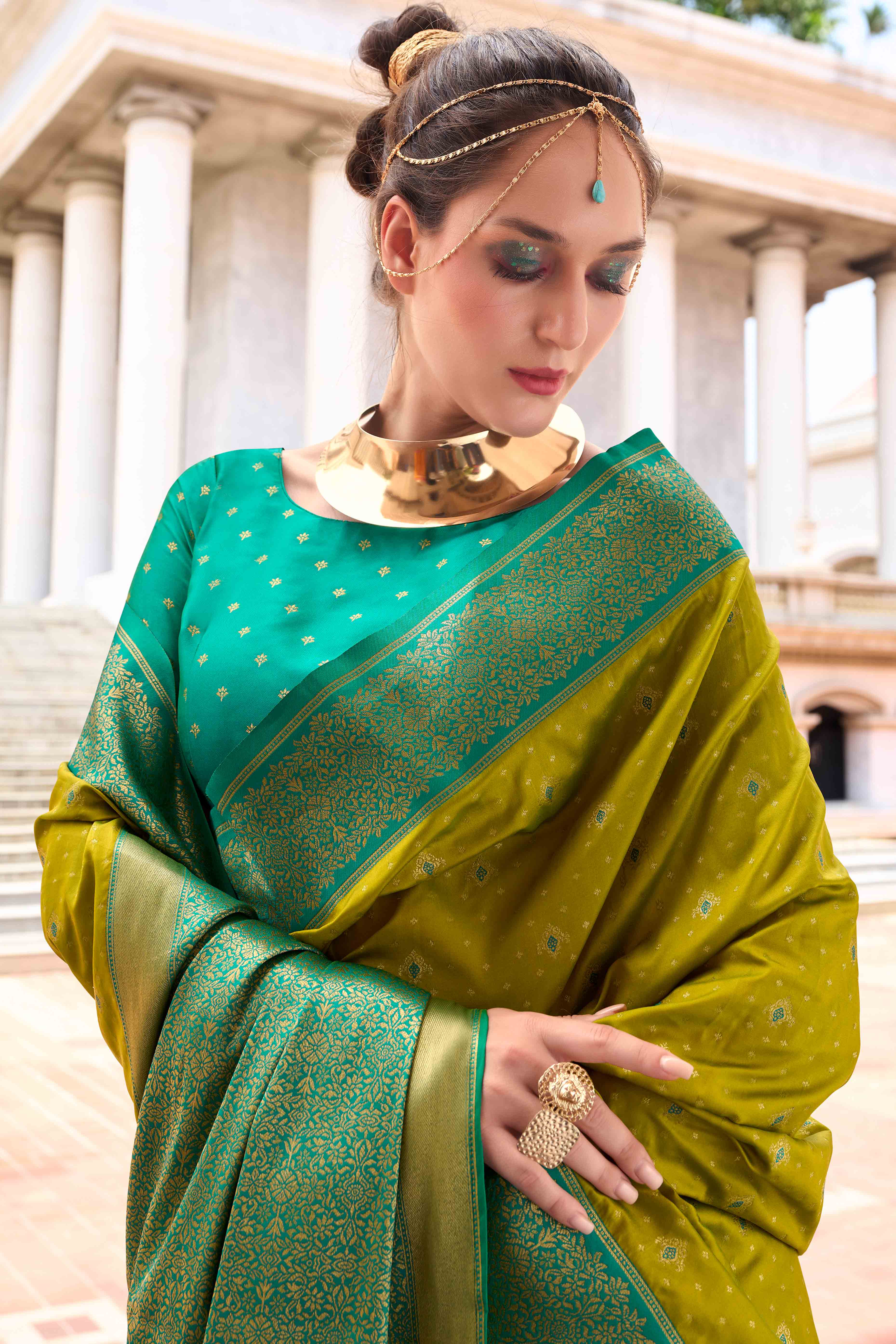Olive Floral Woven Pure Silk Saree