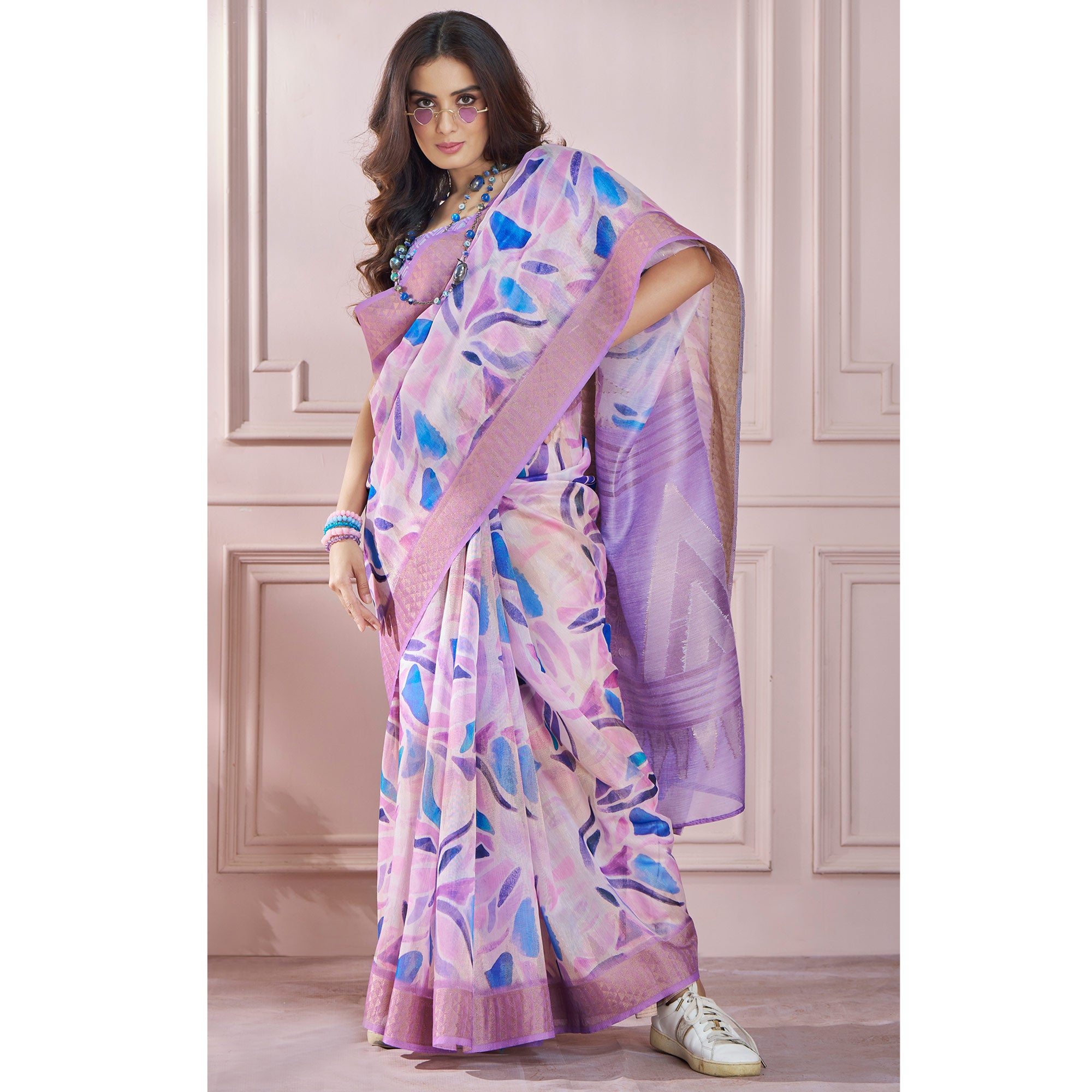 Purple Printed Woven Soft Banarasi Silk Saree