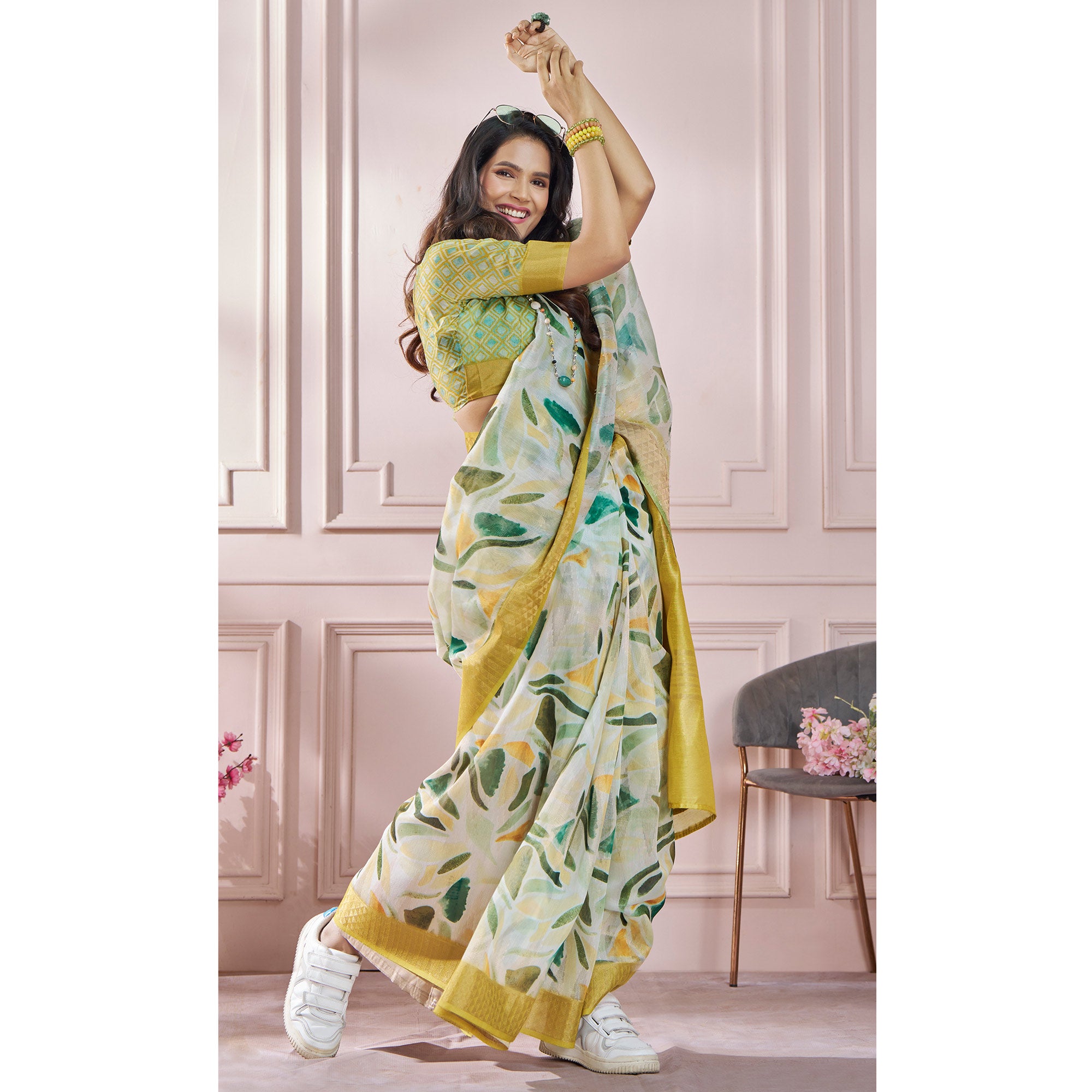 Light Green Printed Woven Soft Banarasi Silk Saree