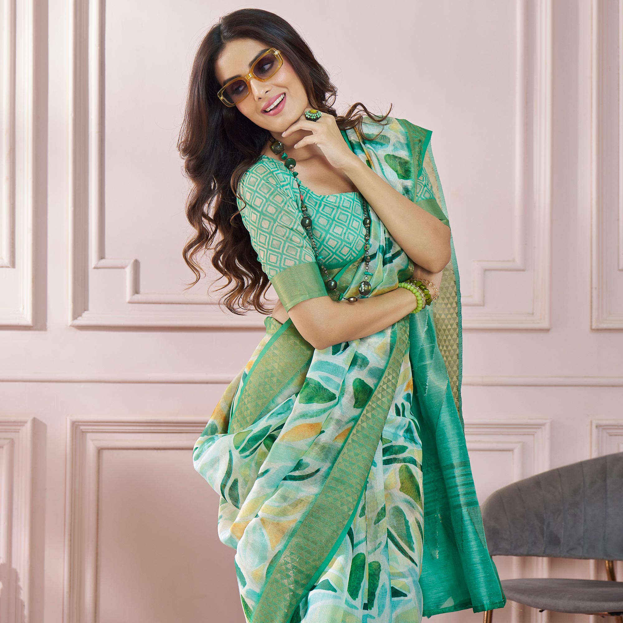 Green Printed Woven Soft Banarasi Silk Saree