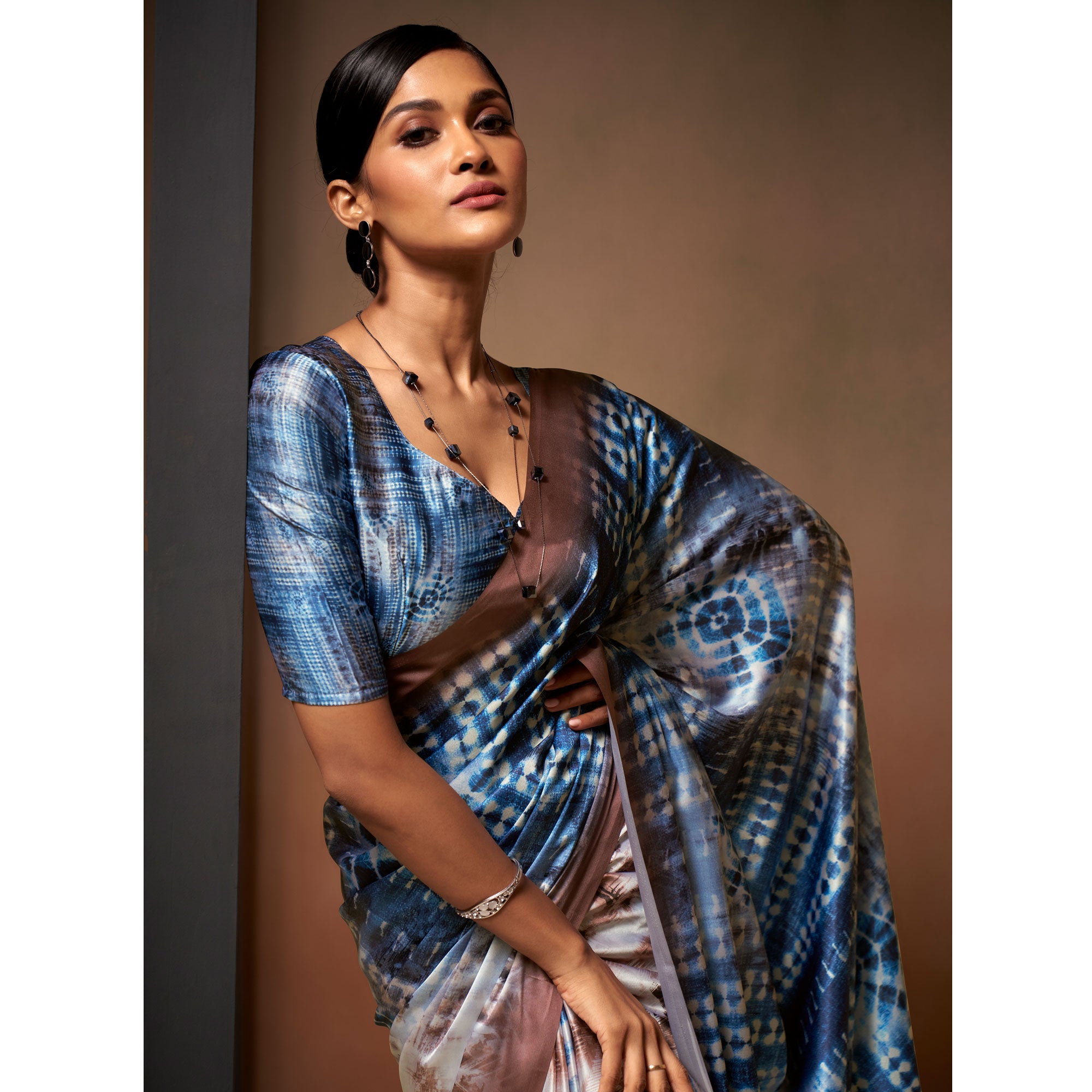 Blue & Cream Digital Printed Satin Saree