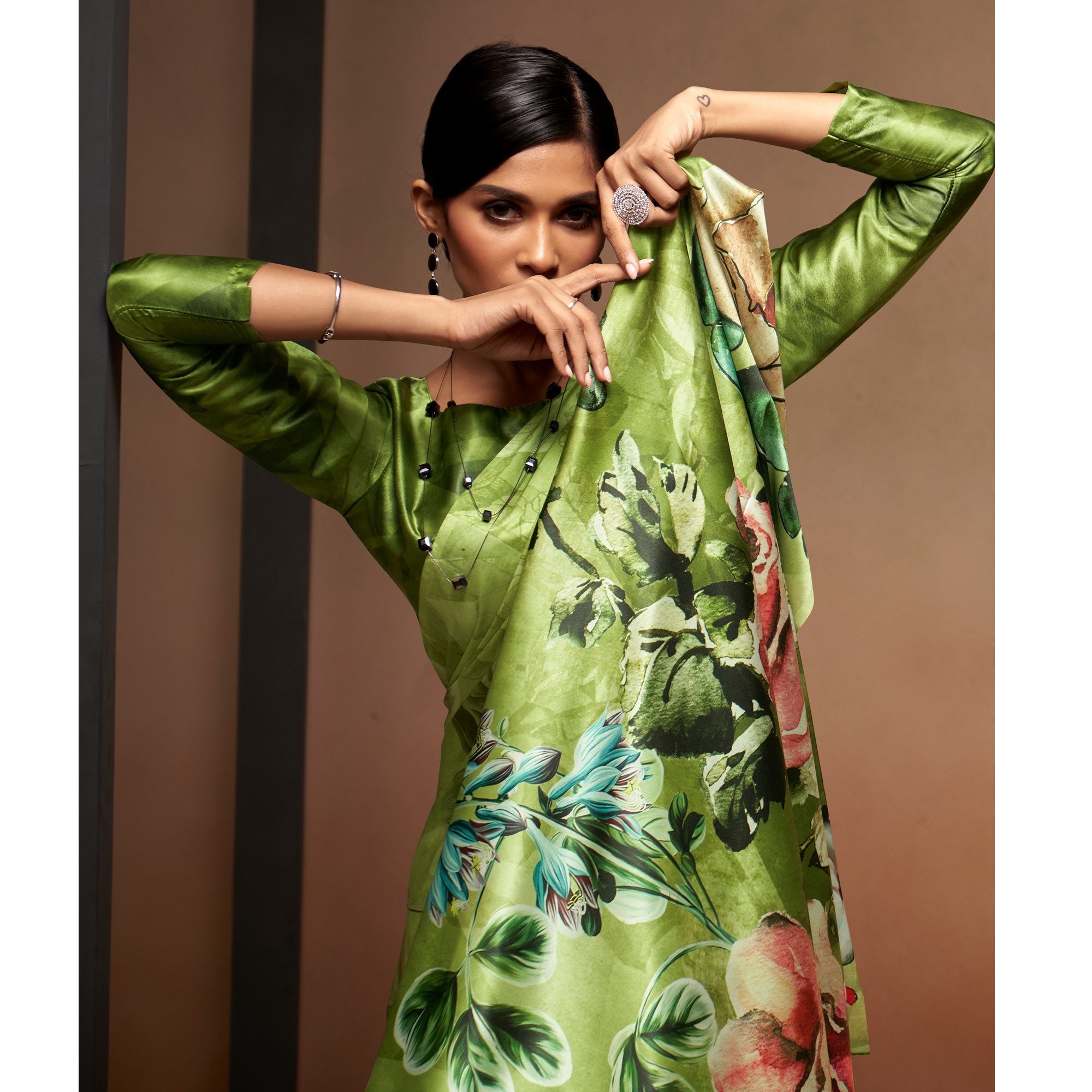 Green Digital Printed Satin Saree