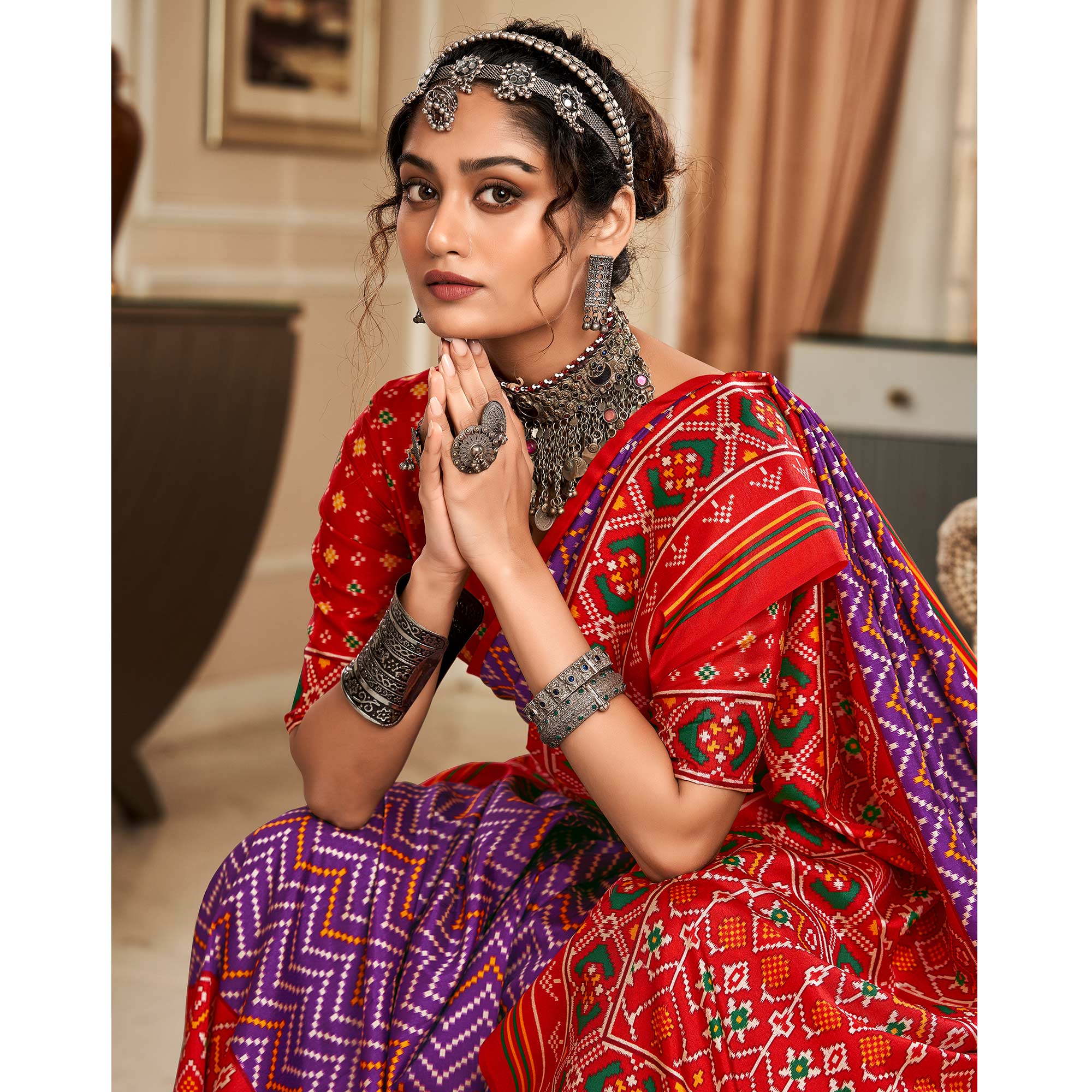 Purple & Red Patola Printed Tussar Silk Saree