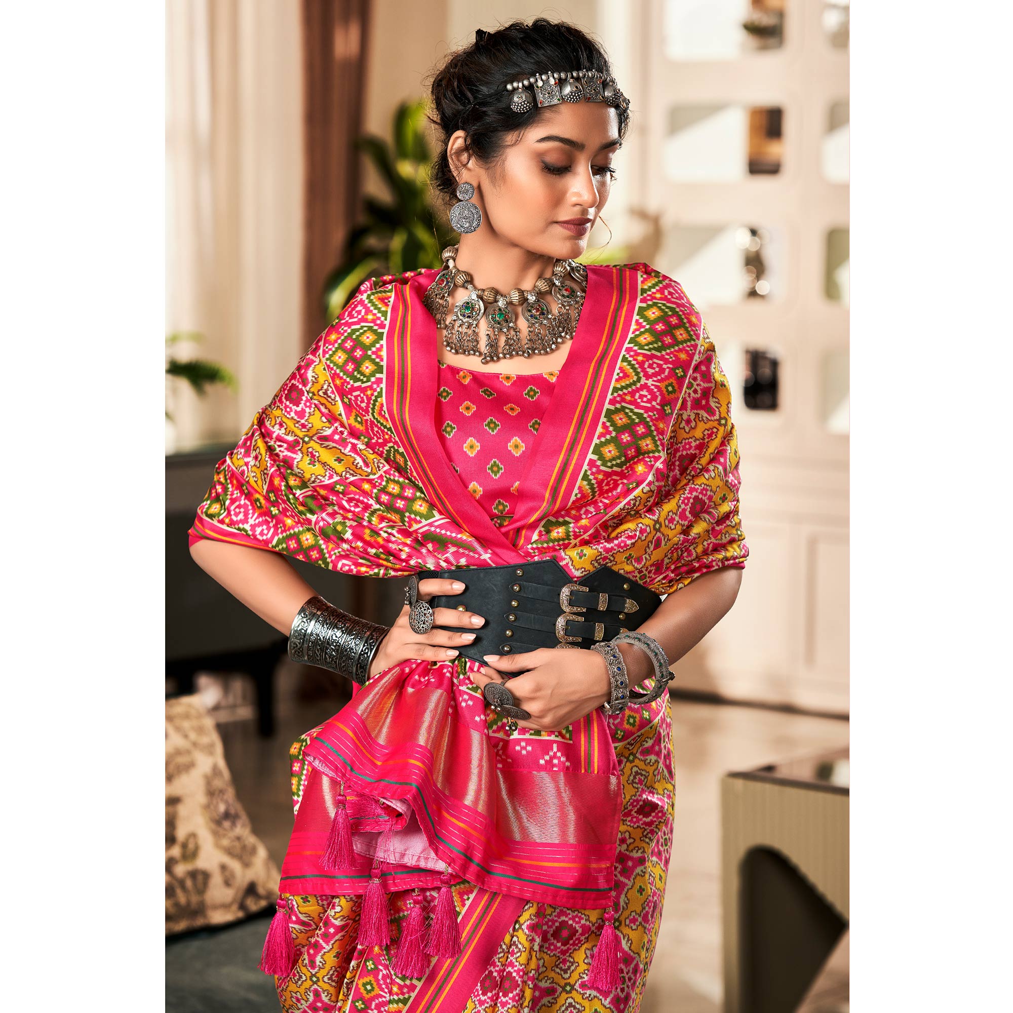 Yellow & Pink Patola Printed Tussar Silk Saree
