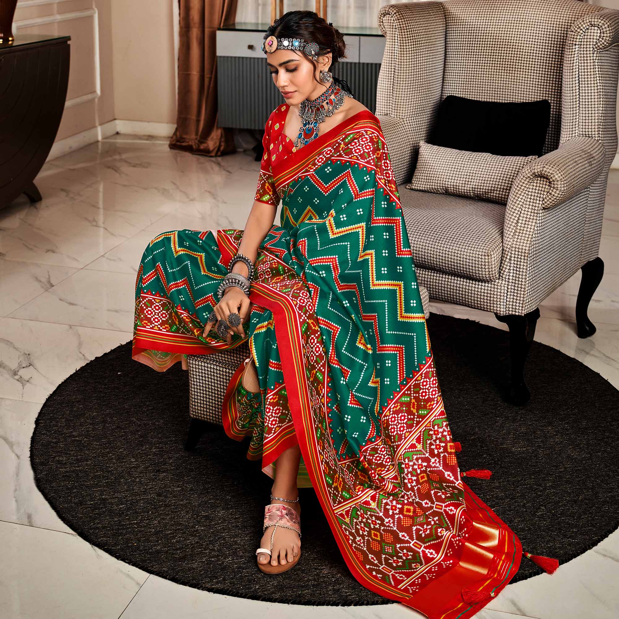 Rama Green & Red Patola Printed Tussar Silk Saree