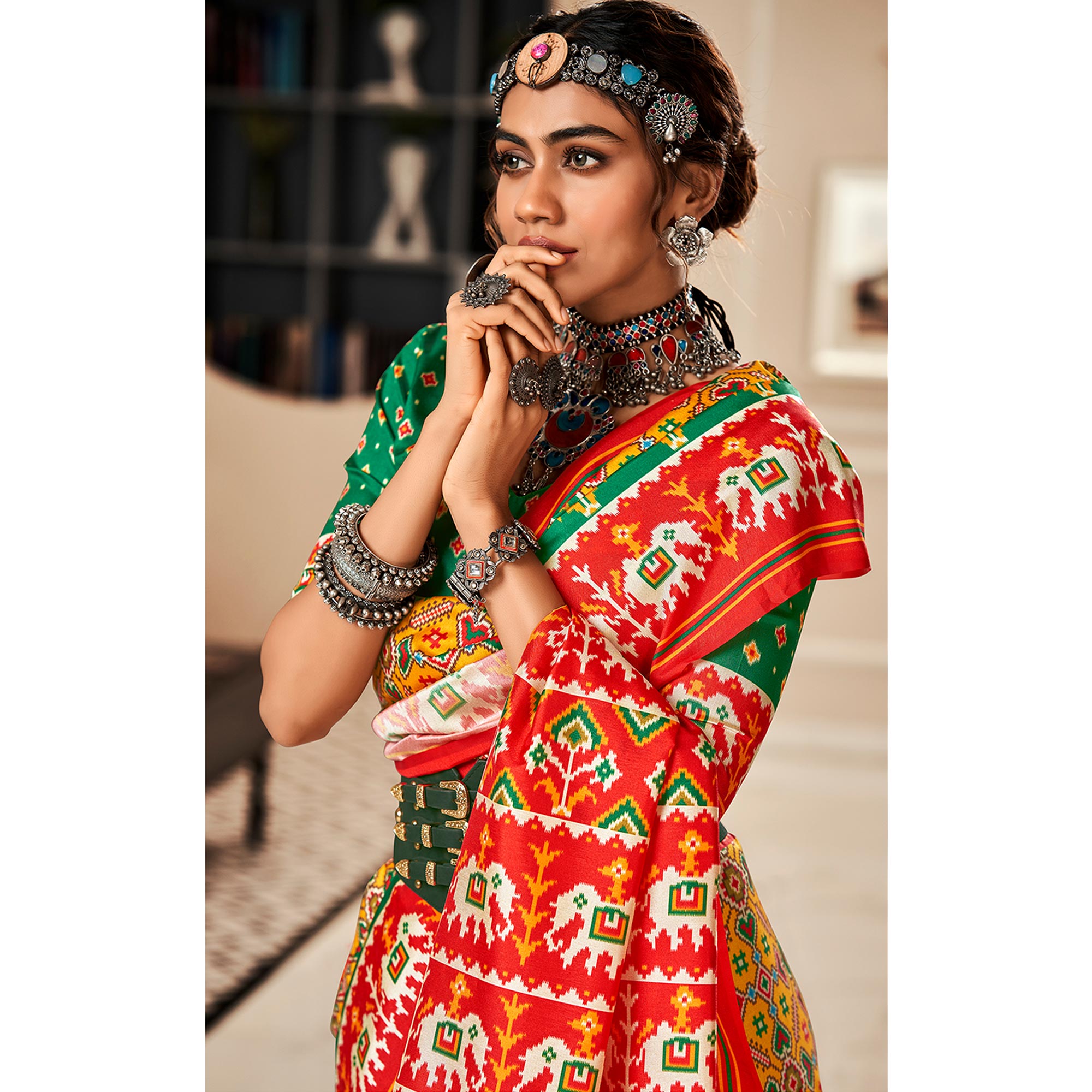 Yellow & Red Patola Printed Tussar Silk Saree