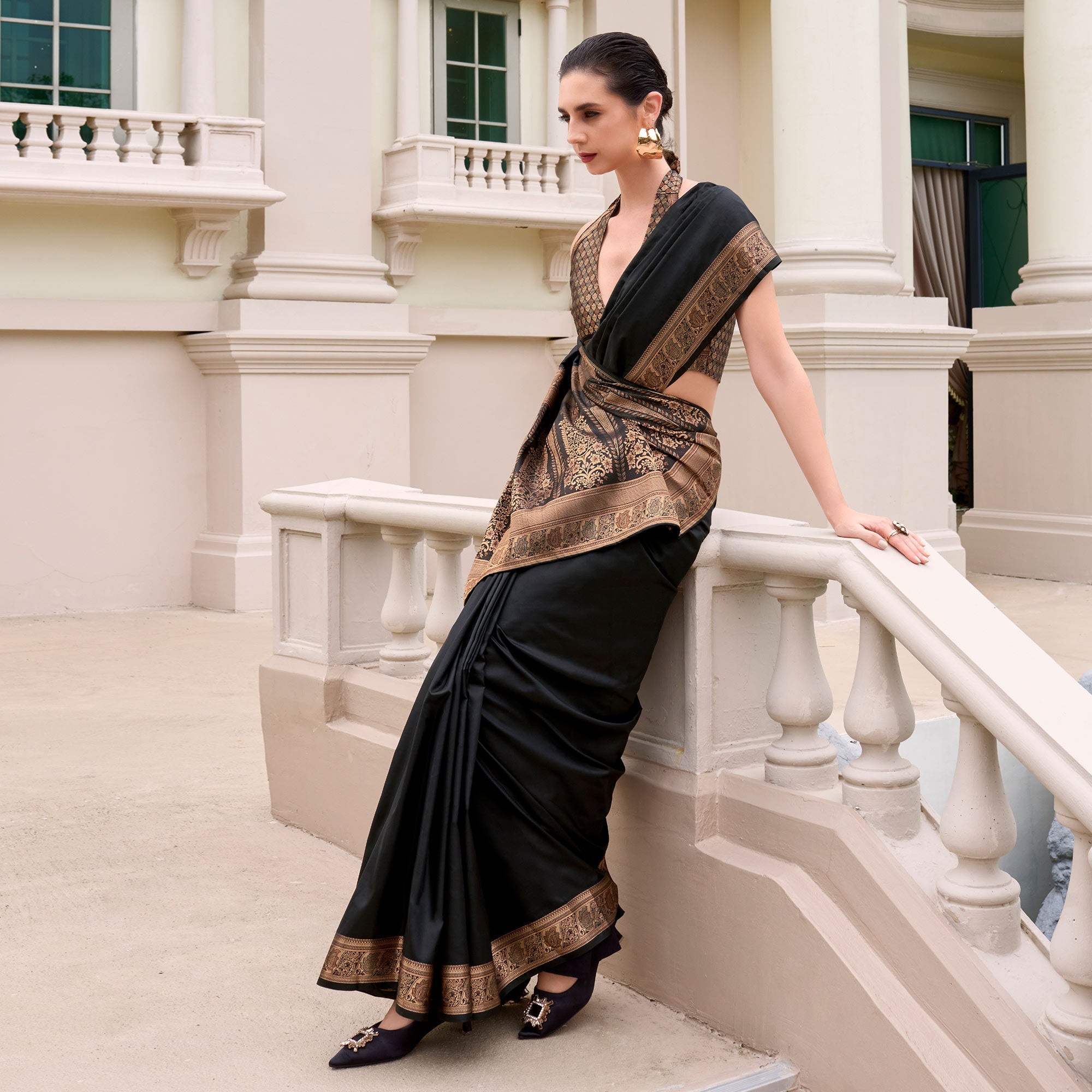 Black Woven Banarasi Silk Saree With Zari Border