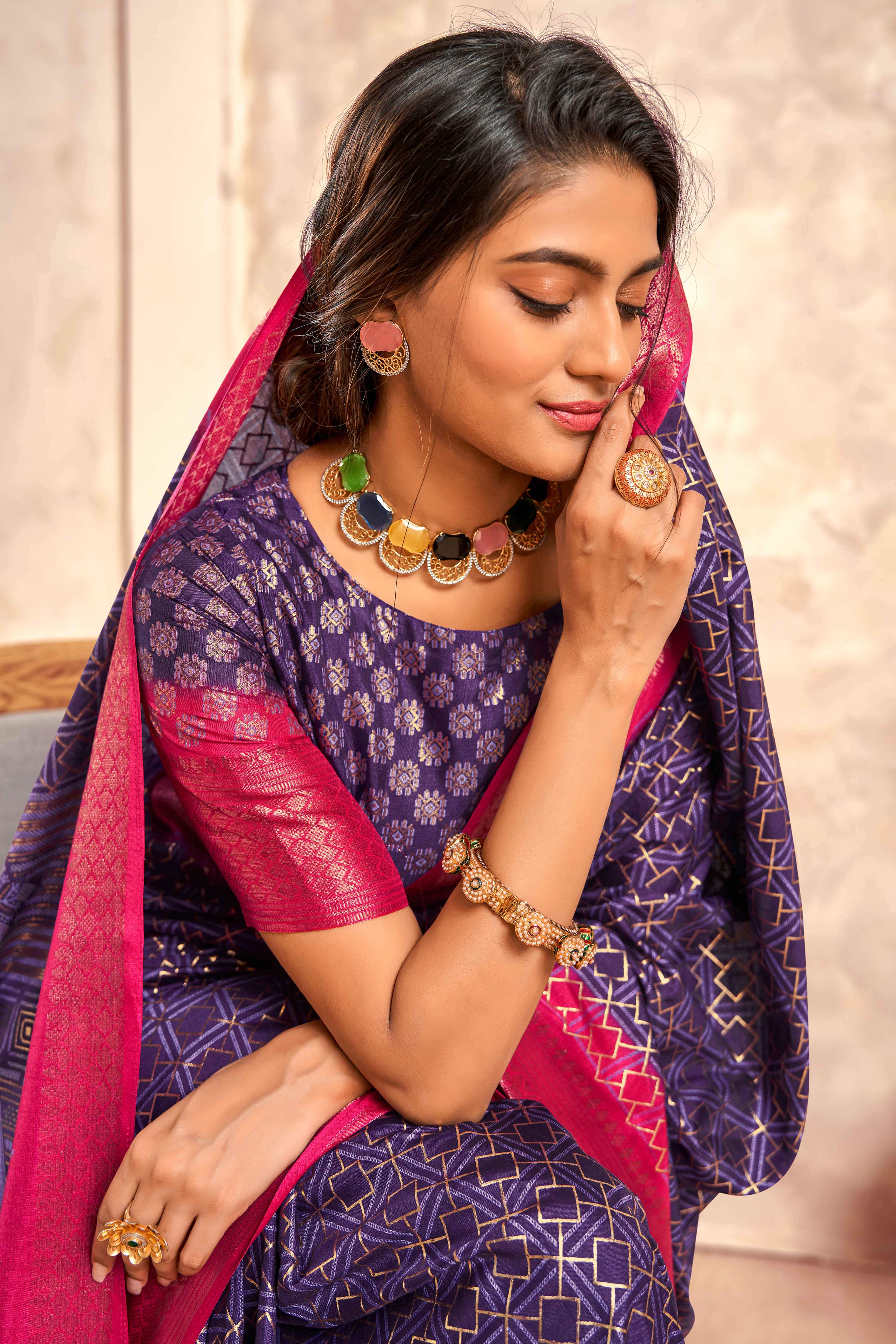 Violet Geometric Foil Printed Dola Silk Saree With Woven Border