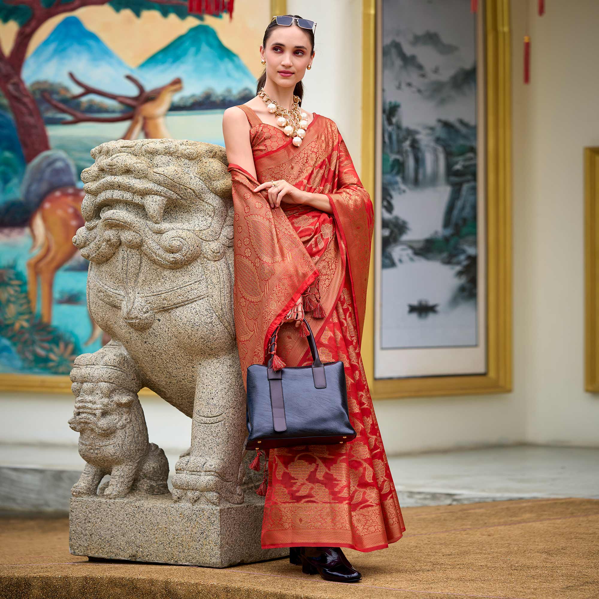 Red Floral Motifs Woven Organza Saree