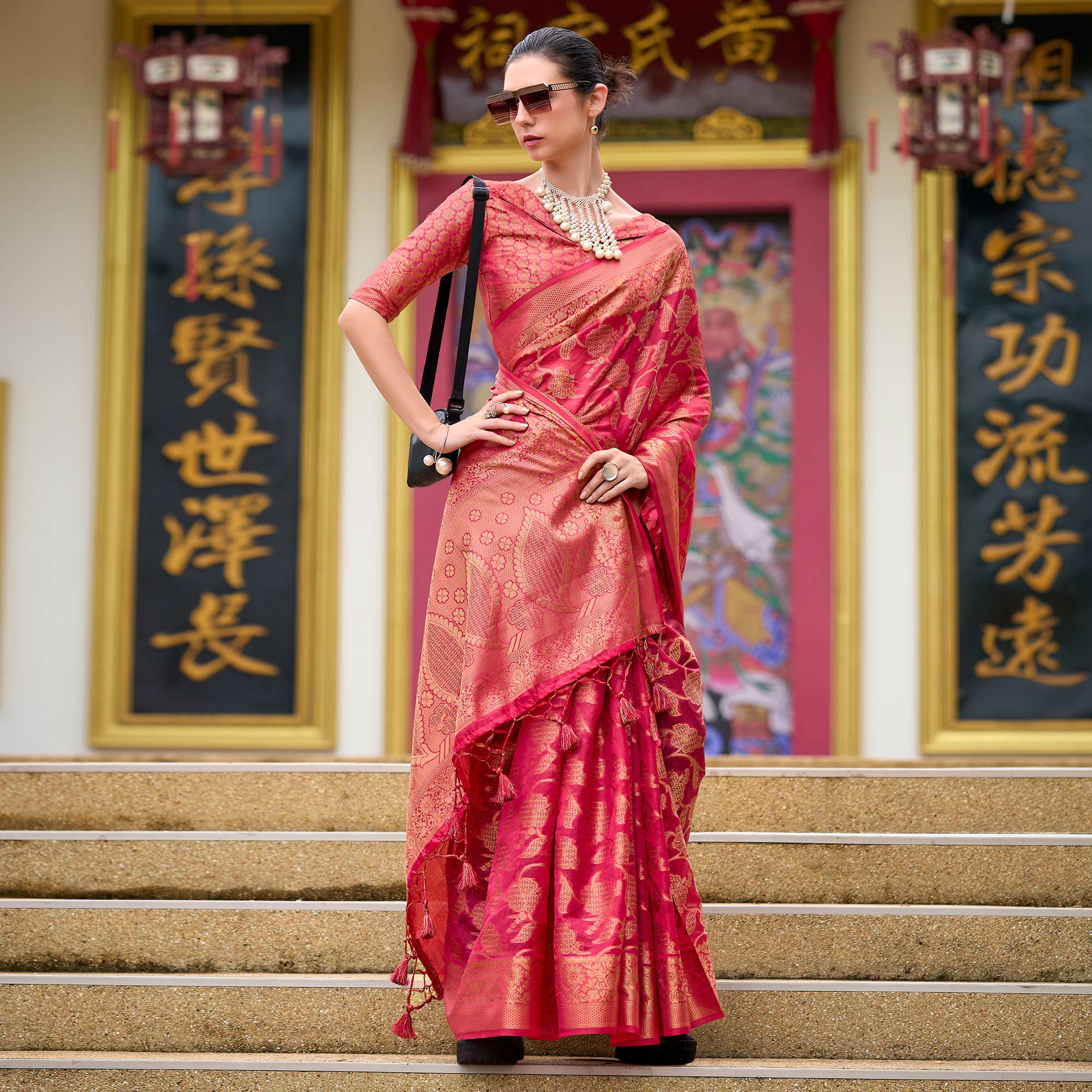 Pink Floral Motifs Woven Organza Saree