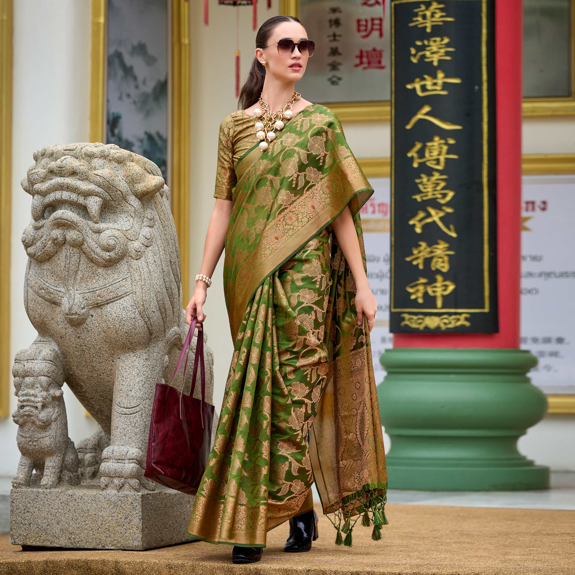 Mehandi Green Floral Motifs Woven Organza Saree