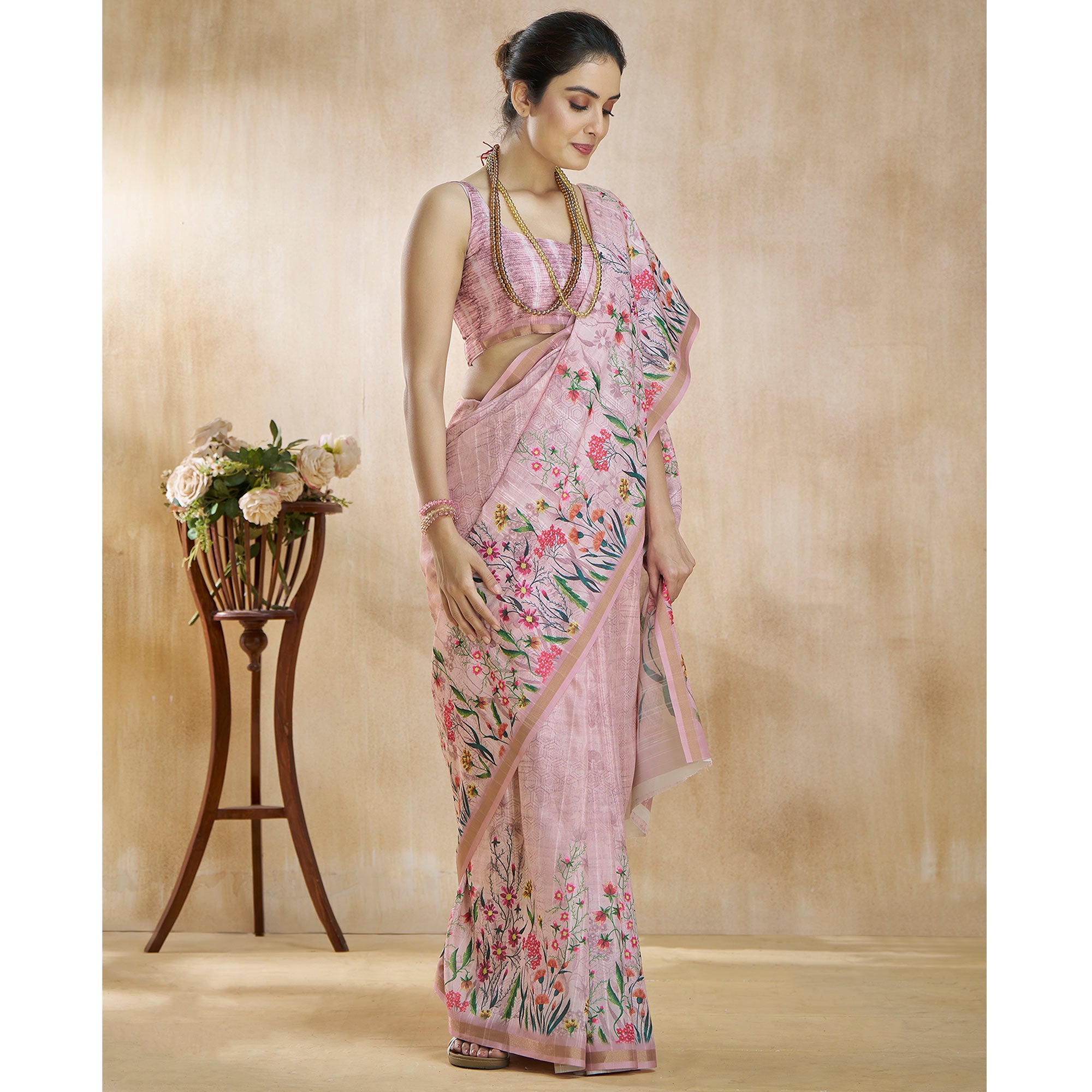 Onion Pink Floral Digital Printed Pure Silk Saree