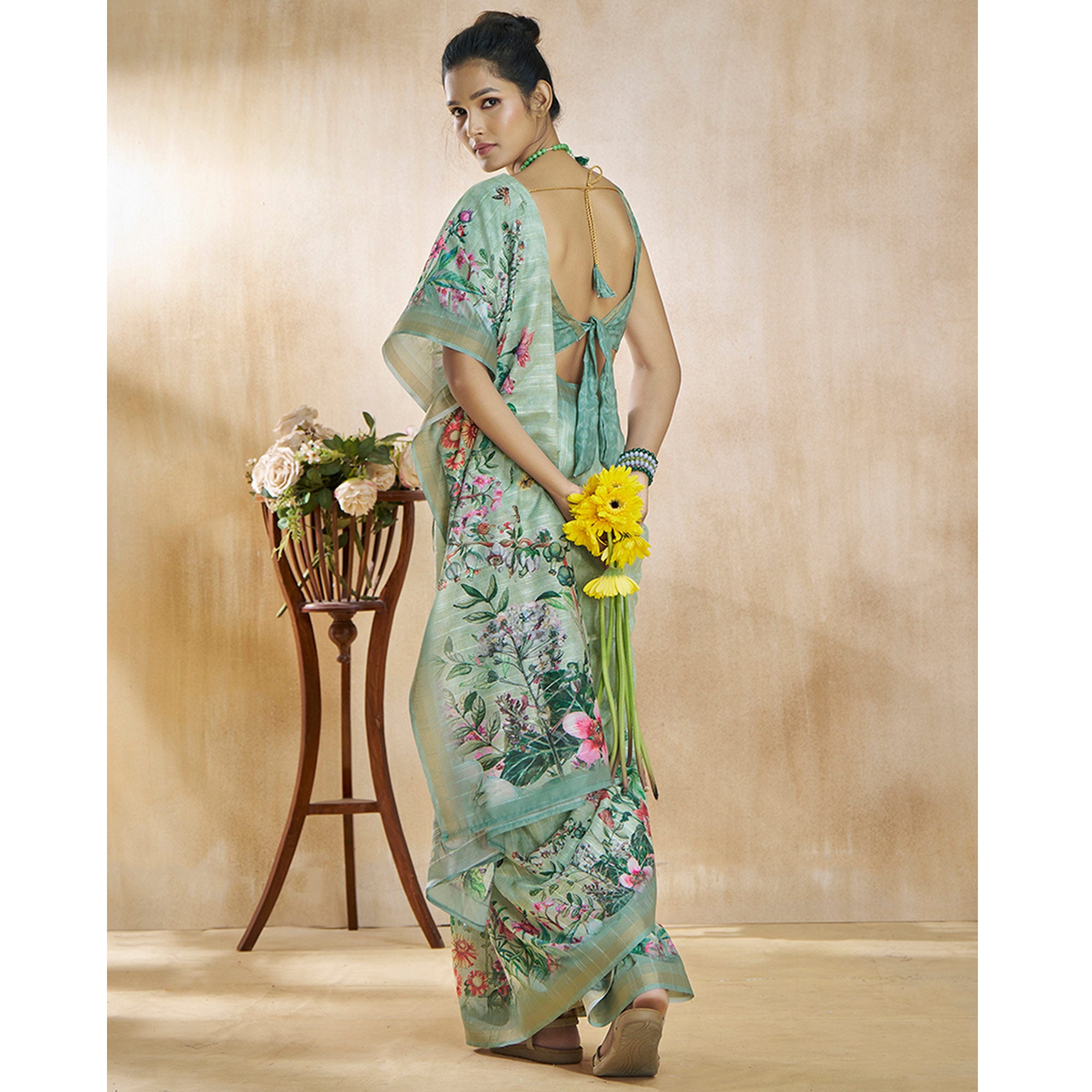 Sea Green Floral Digital Printed Pure Silk Saree