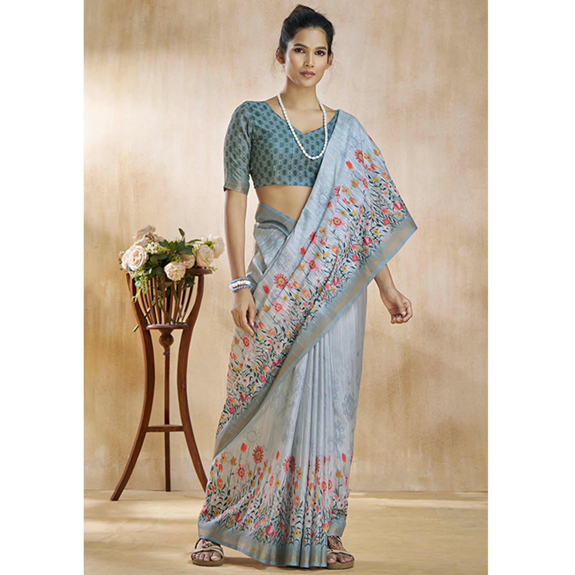 Grey Floral Digital Printed Pure Silk Saree