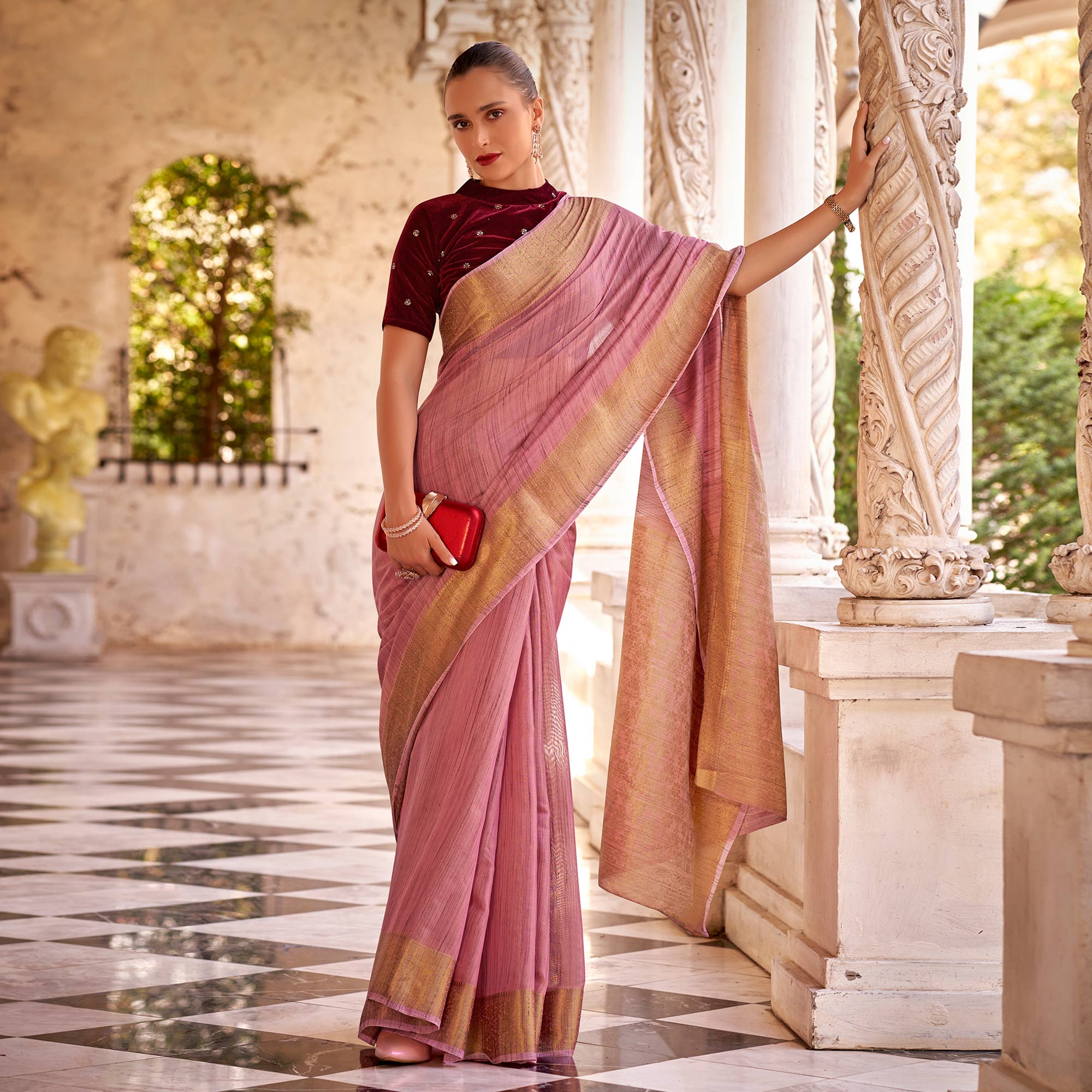 Pink Woven Tissue Saree