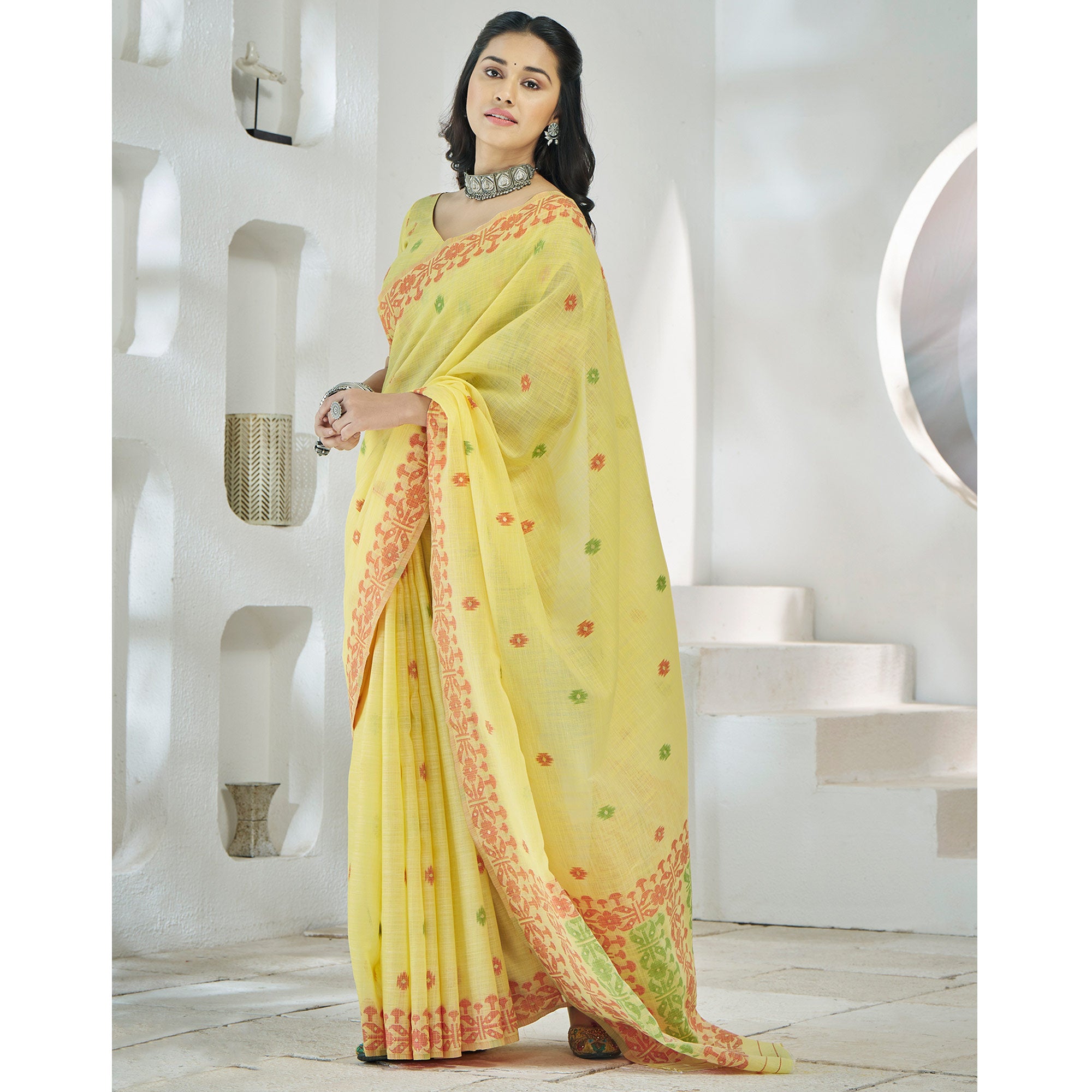 Yellow Floral Woven Cotton Silk Saree