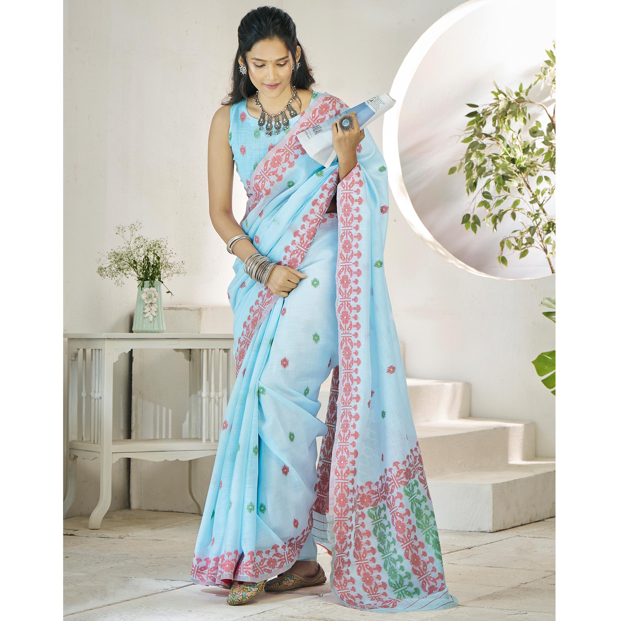 Blue Floral Woven Cotton Silk Saree