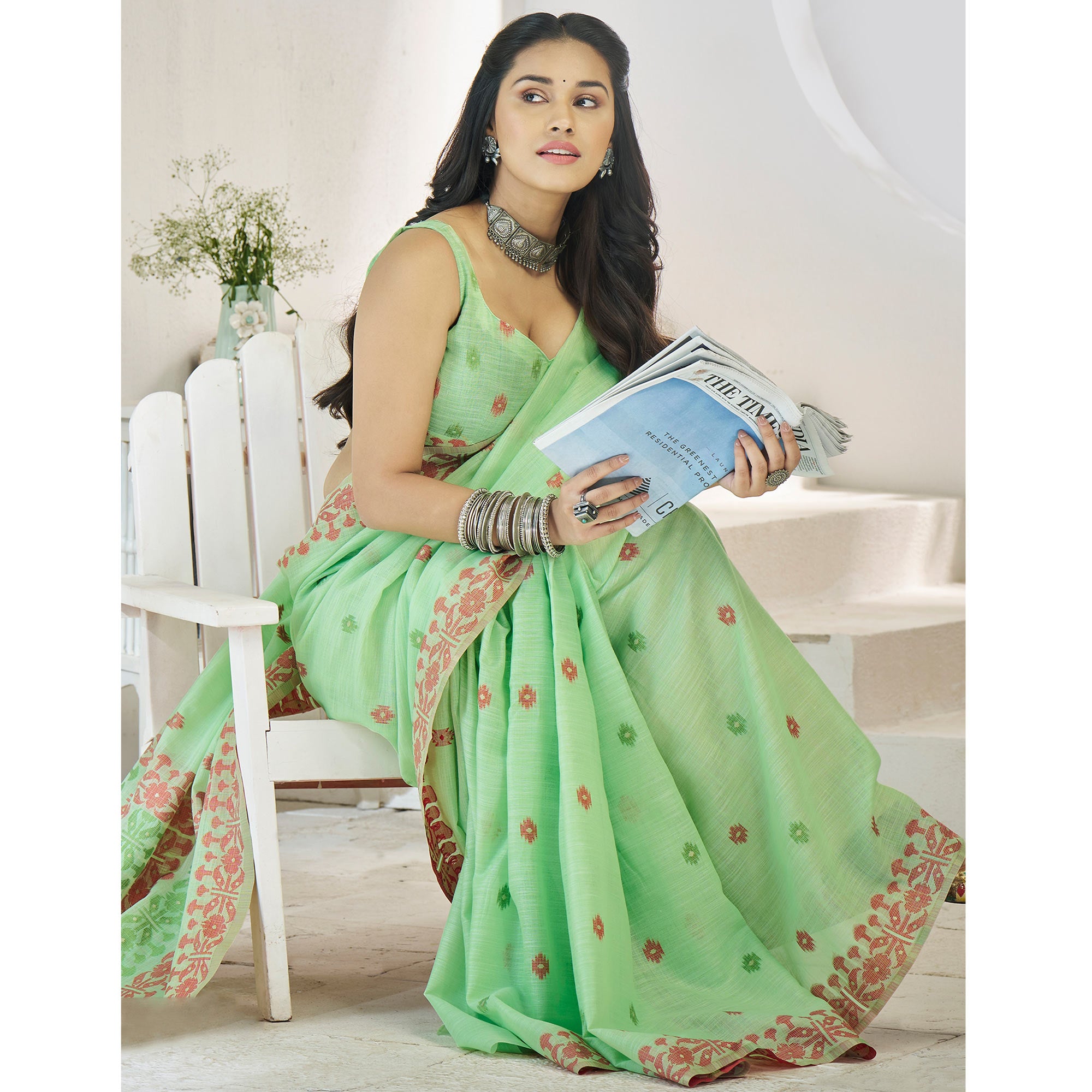 Green Floral Woven Cotton Silk Saree