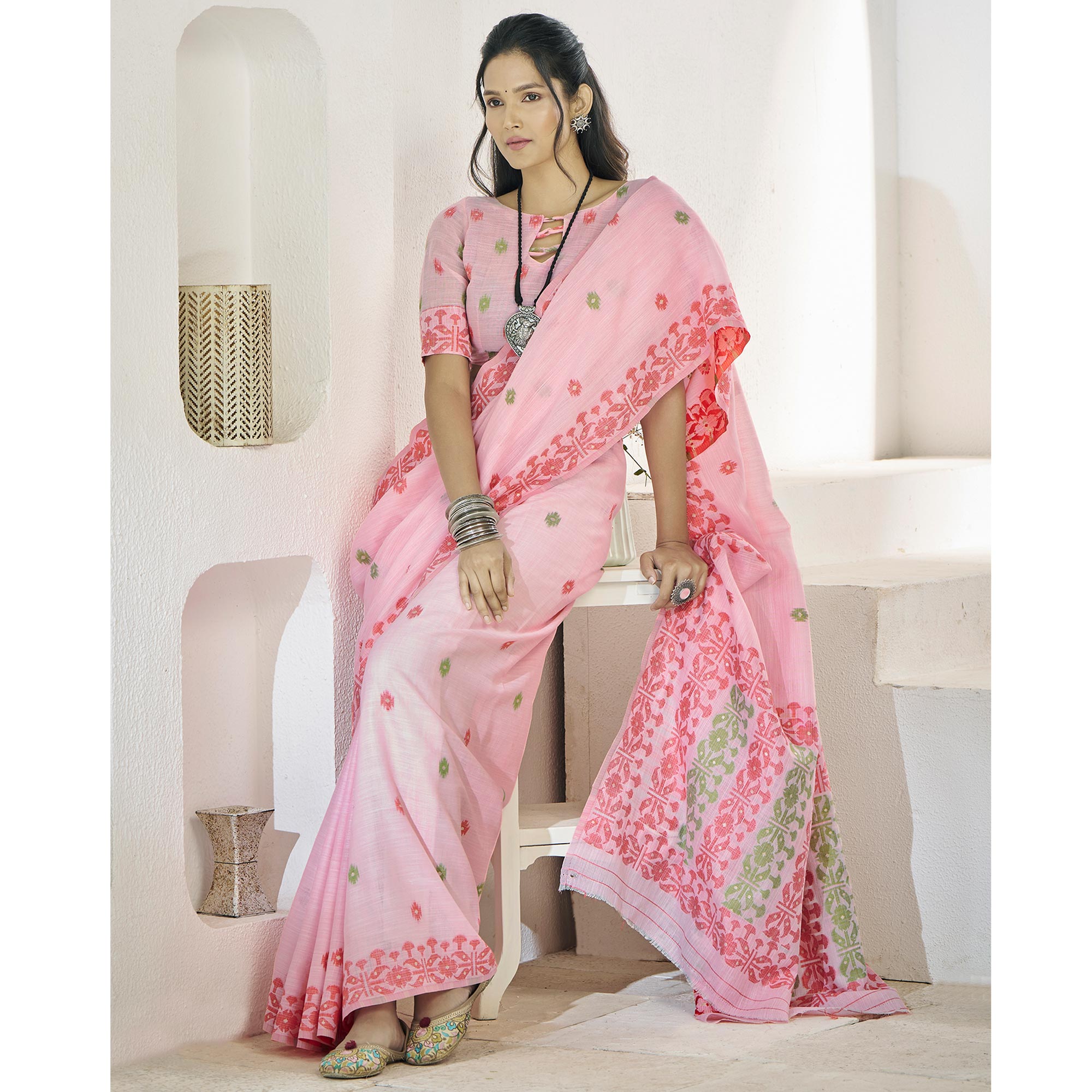 Pink Floral Woven Cotton Silk Saree