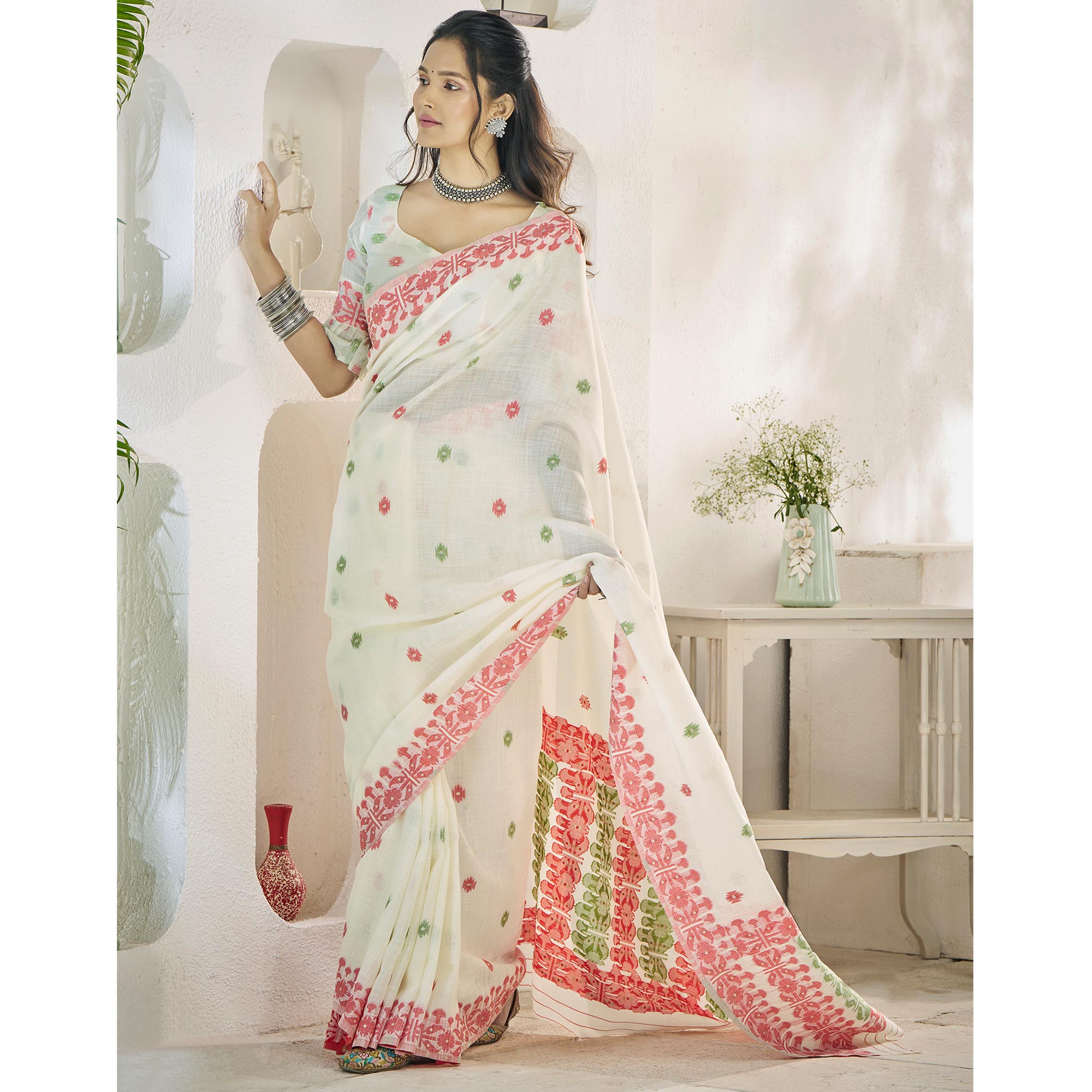 Off White Floral Woven Cotton Silk Saree