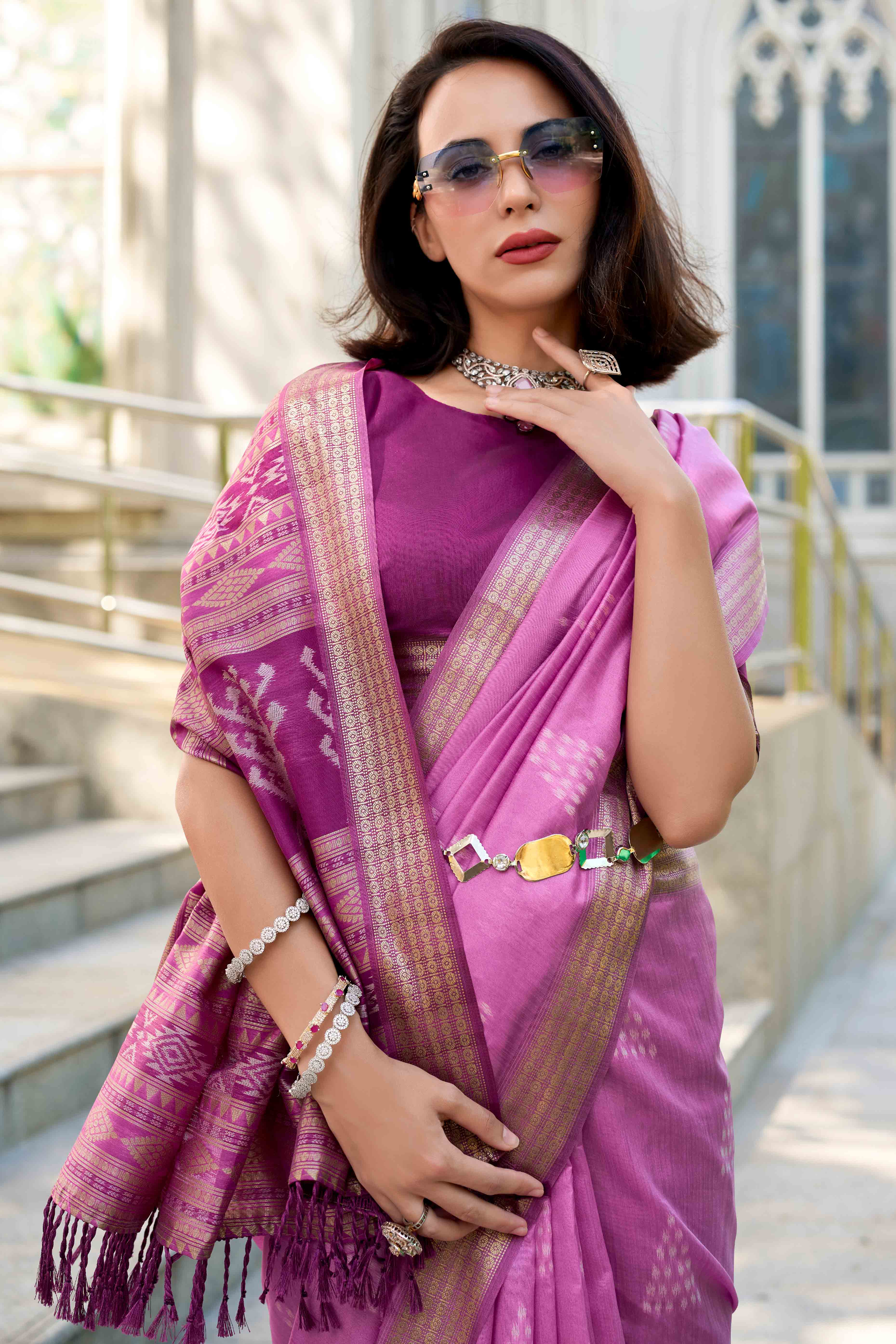 Purple Ikkat Woven Rayon Silk Saree