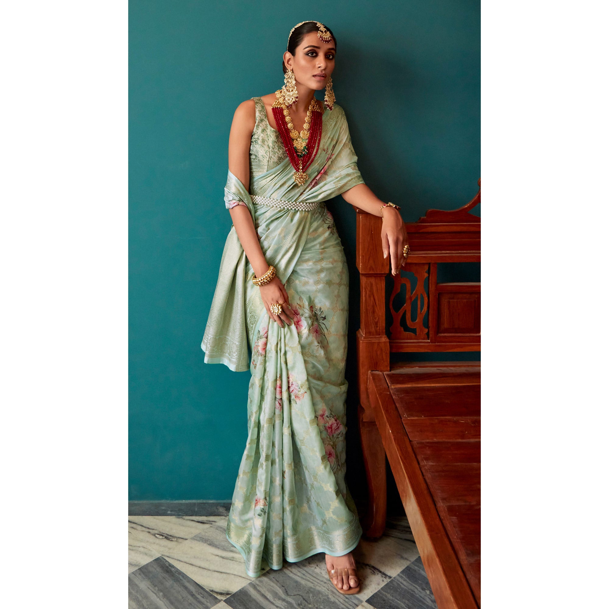 Green Floral Digital Printed Muslin Saree