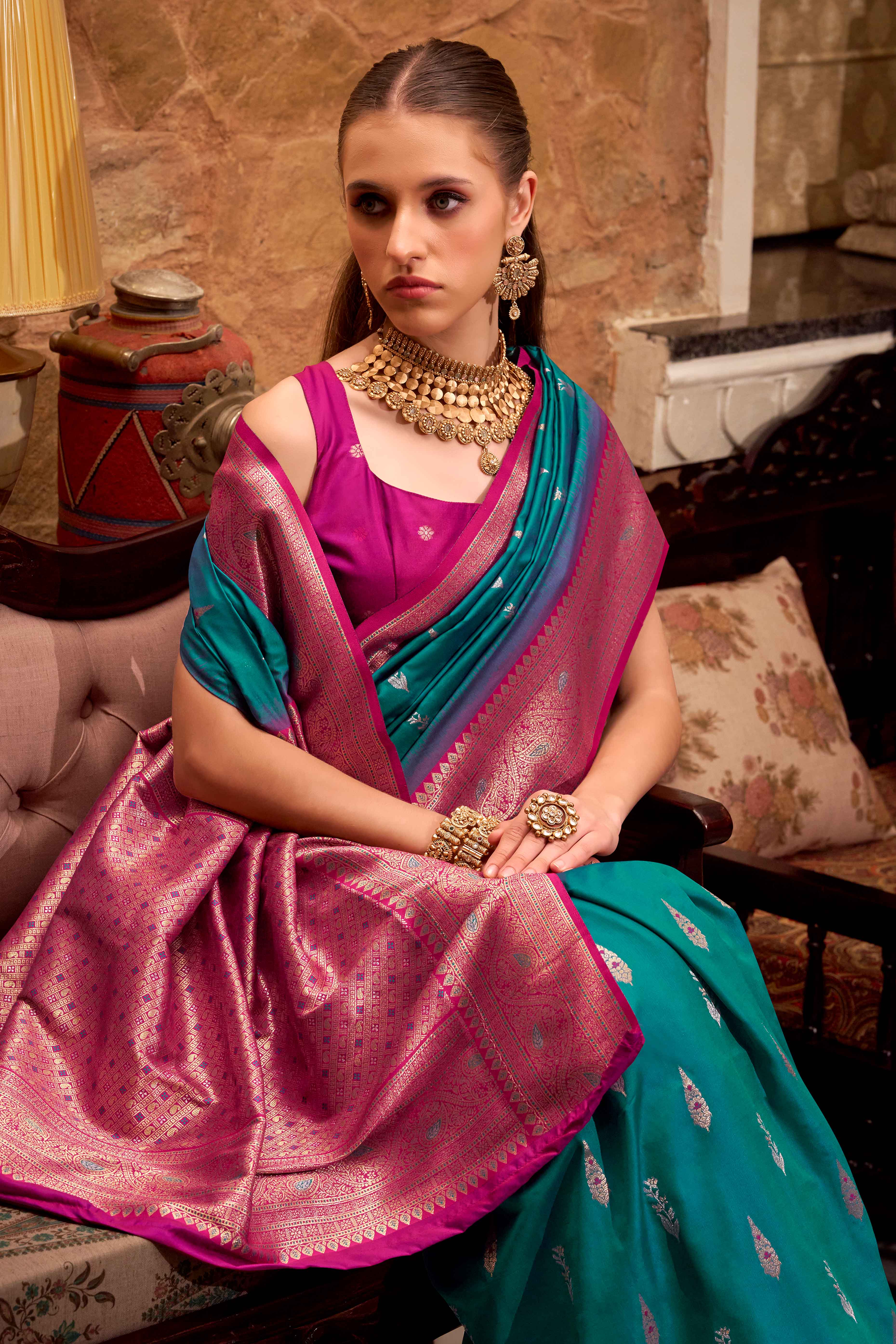 Rama Blue Pure Silk Saree With Intricate Floral Zari Weaving Work