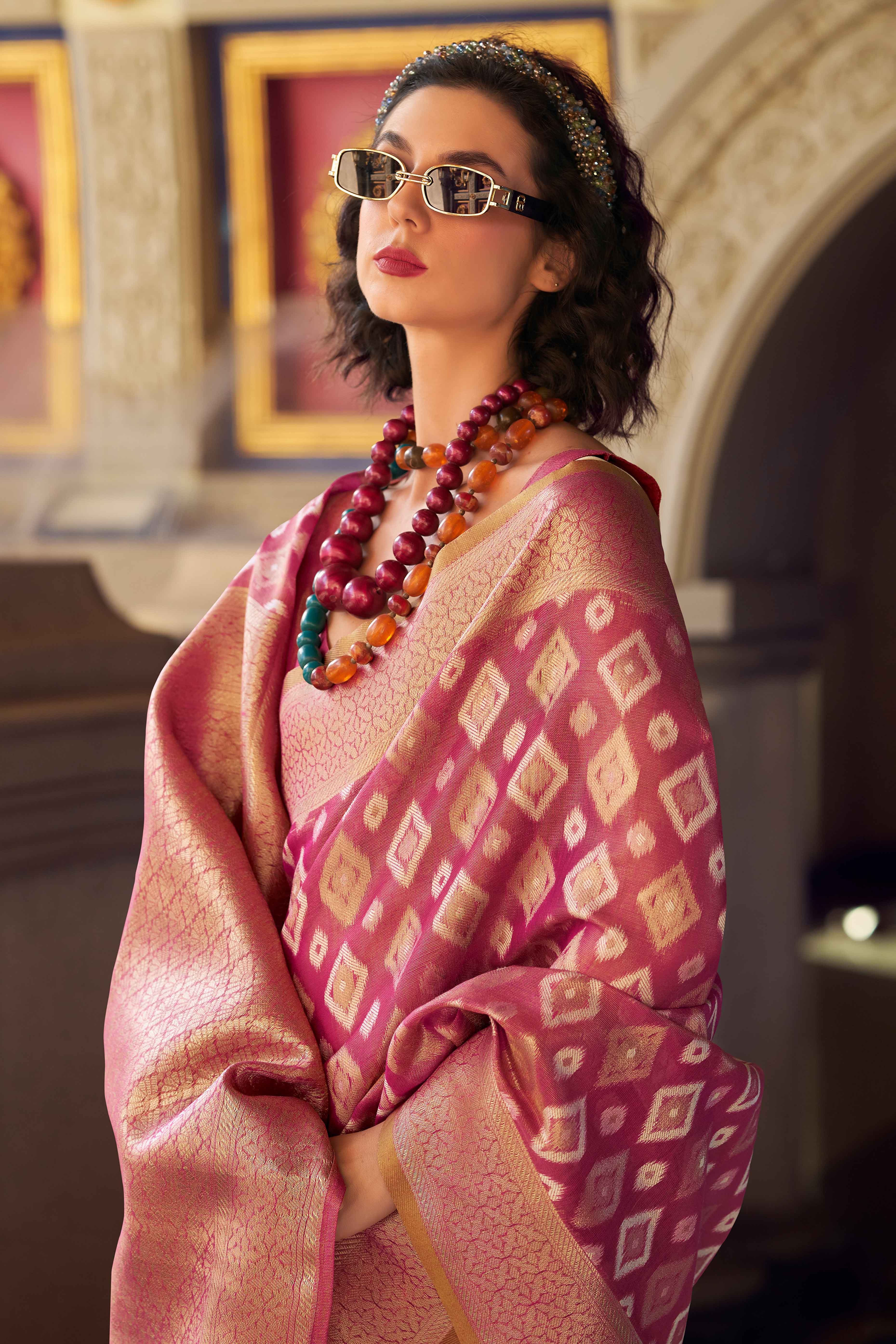 Magenta Geometric Pattern Woven Tissue Silk Saree