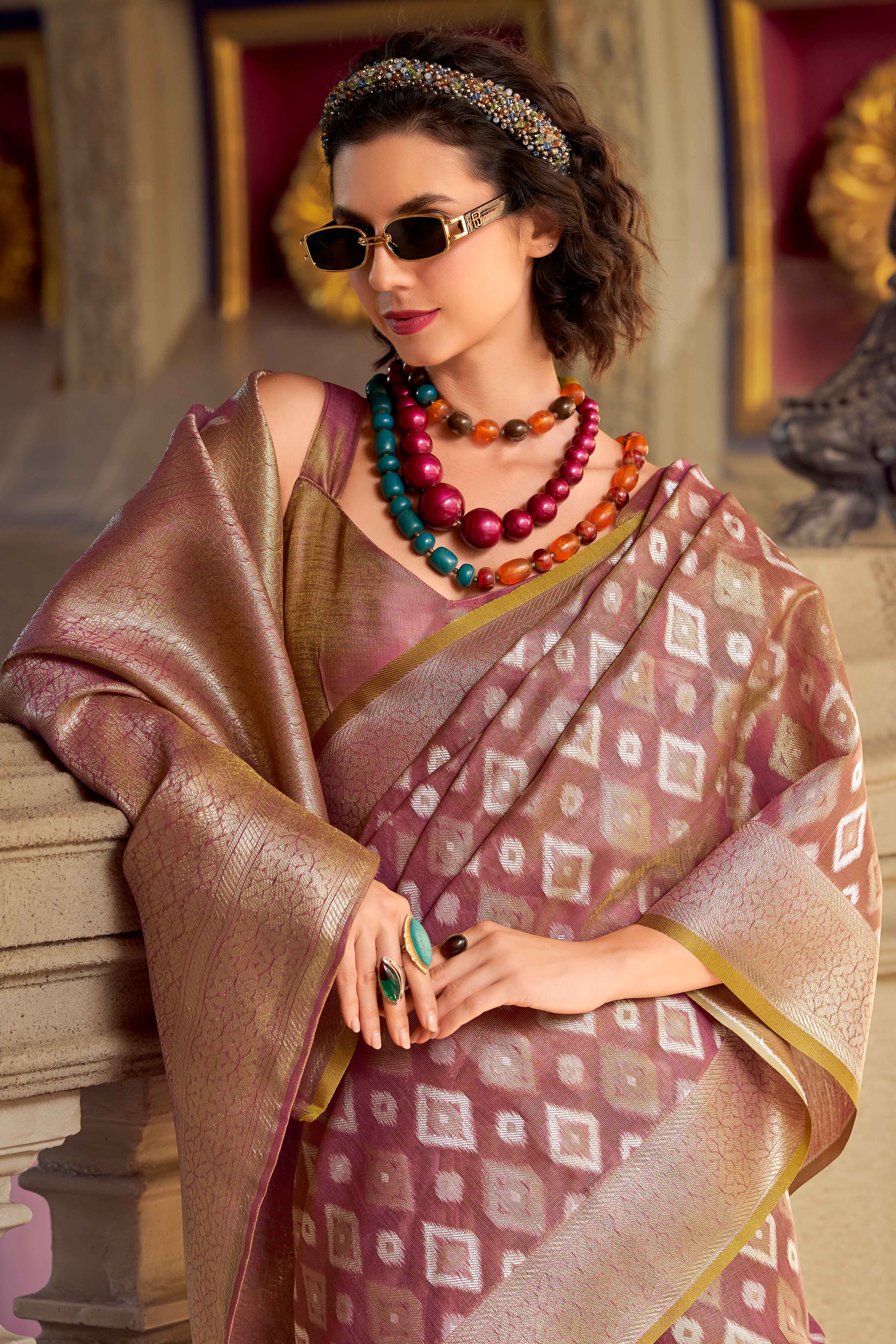 Mauve Geometric Pattern Woven Tissue Silk Saree