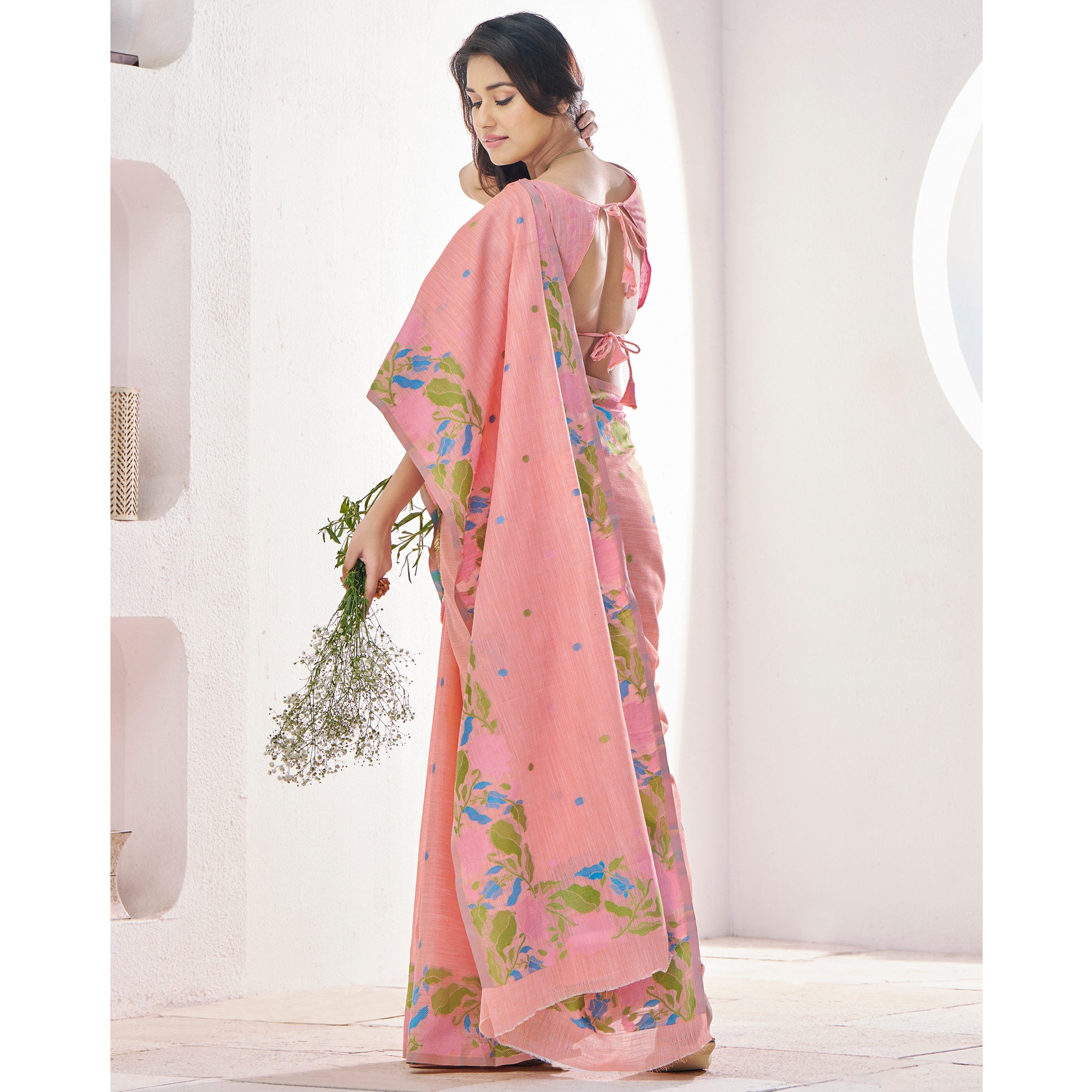 Peach Floral Woven Cotton Silk Saree