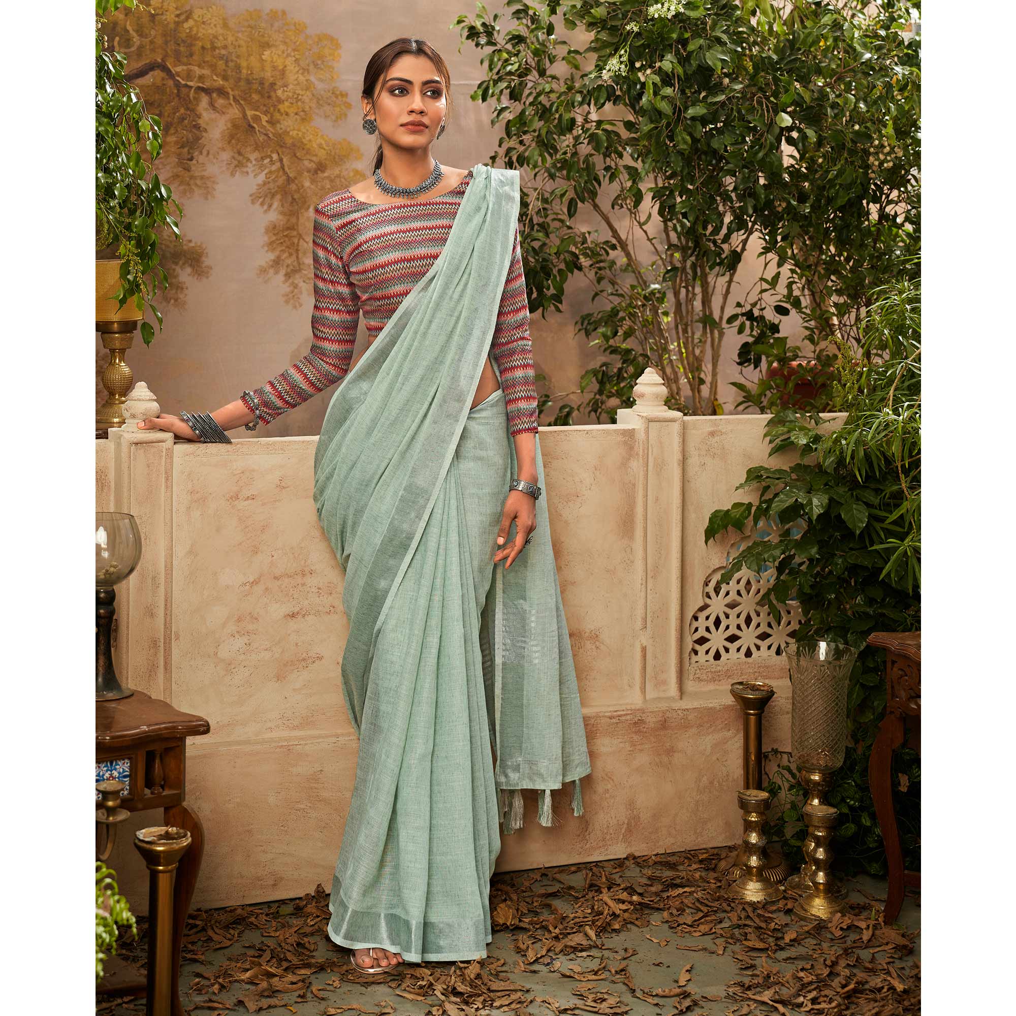 Green Woven Pure Cotton Saree With Tassels