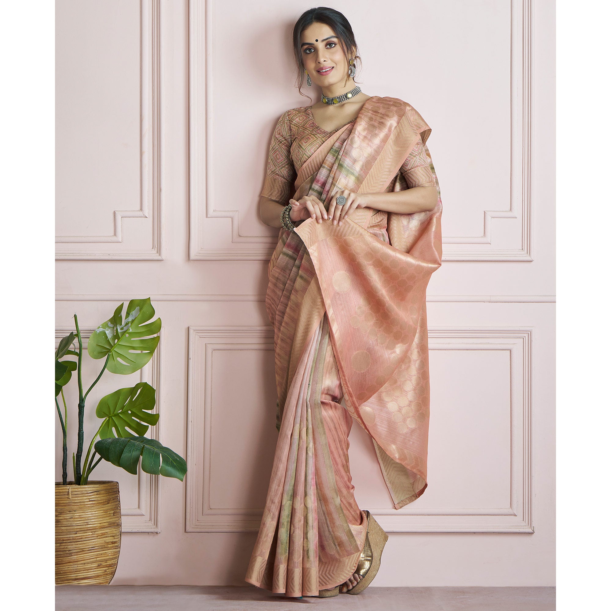 Peach Woven Cotton Silk Saree